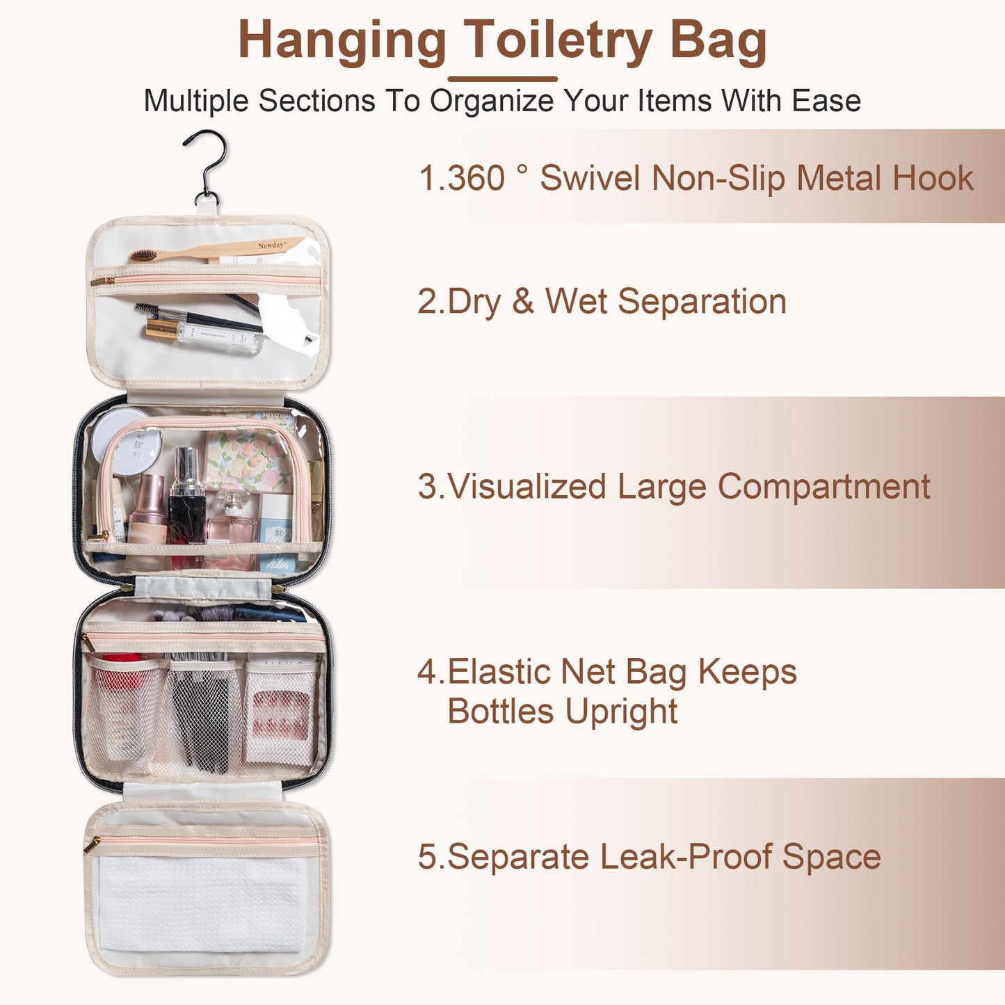 MODENGKONGJIAN Travel Toiletry Bag - Hanging Toiletry Bag for Women, Waterproof Makeup Cosmetic Bag Travel Organizer for Accessories, Shampoo, Full-size Container, Toiletries (Black)