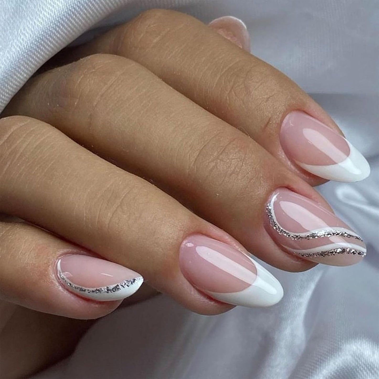 Press On Nails - Orange Almond Shape with Gold Glitter Swirl | 24 Pcs Acrylic Fake Nails for Women