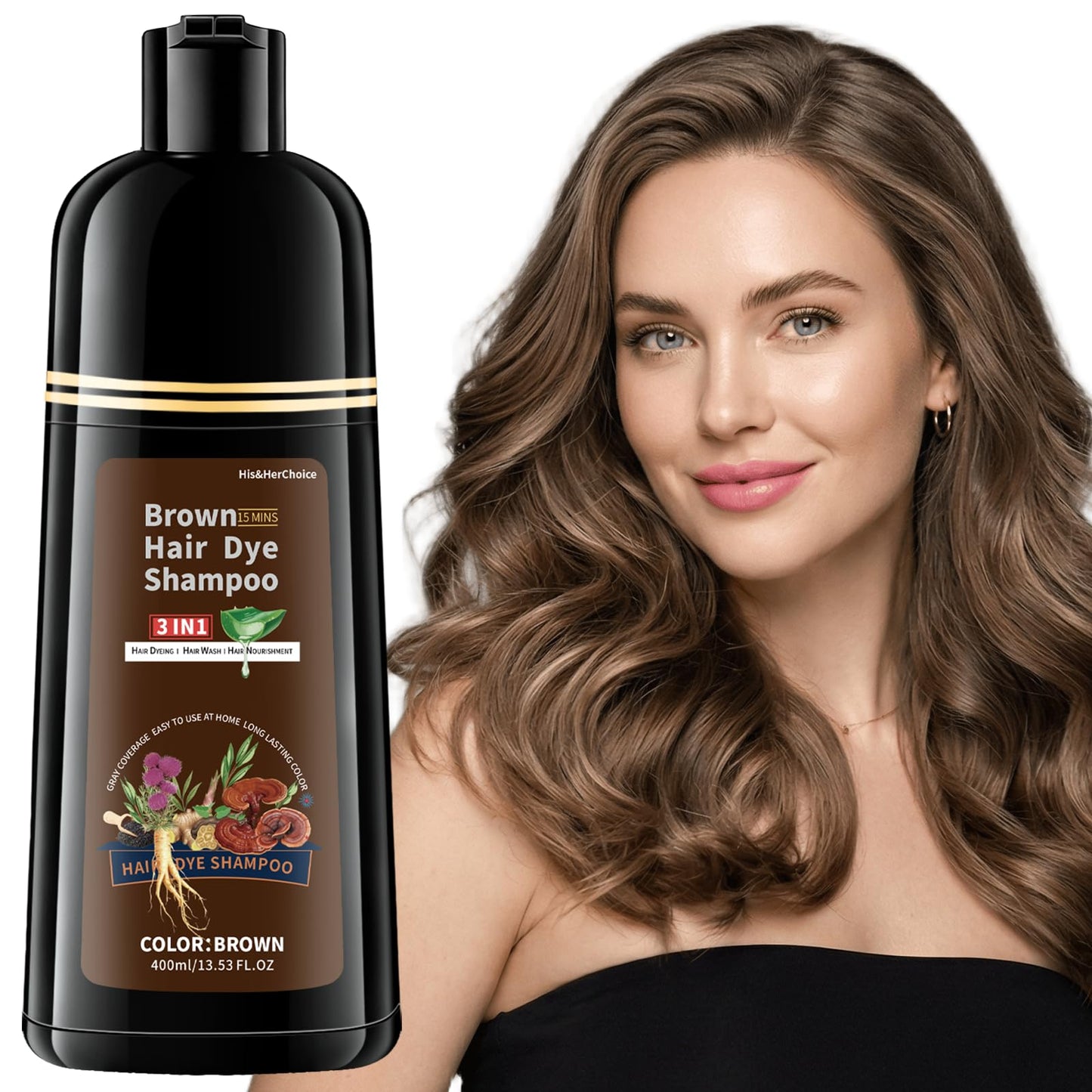 HIS&HERCHOICE Brown Hair Dye Shampoo, 3-in-1 Hair Color for Gray Coverage, Ammonia and Paraben Free with 6 Natural Herbal Ingredients, Semi-Permanent Color Shampoo for Women and Men