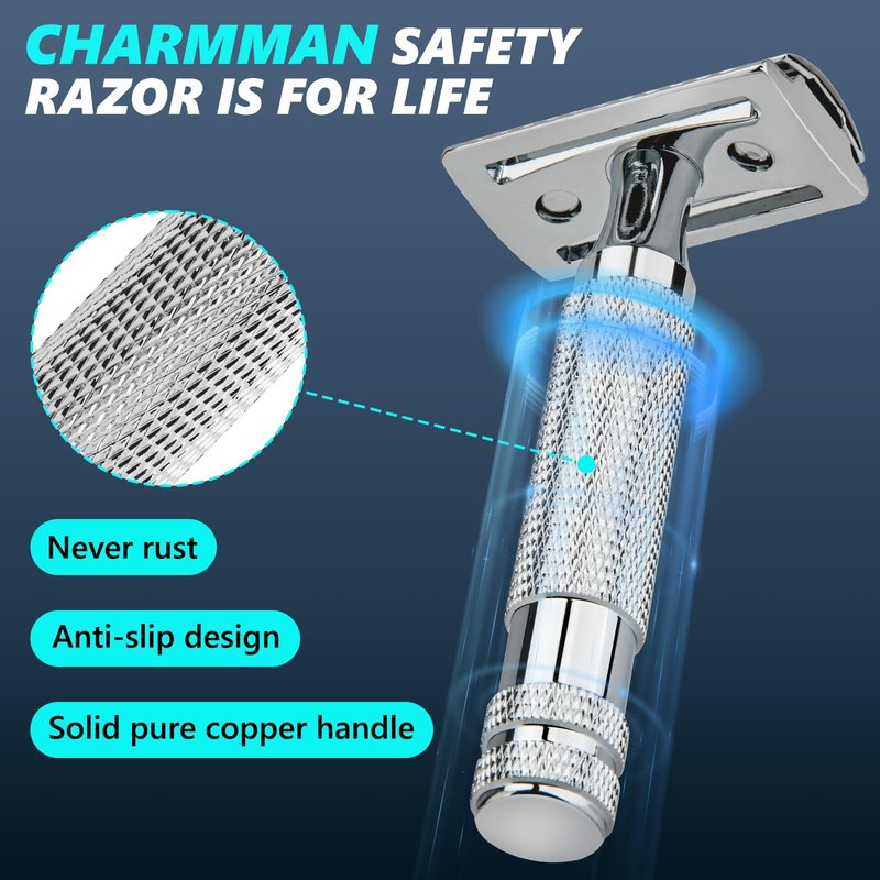 CHARMMAN Classic Double Edge Safety Shaving Razor, Pure Copper Handle,1 Razor + 10 pcs Super Stainless Steel Blades
