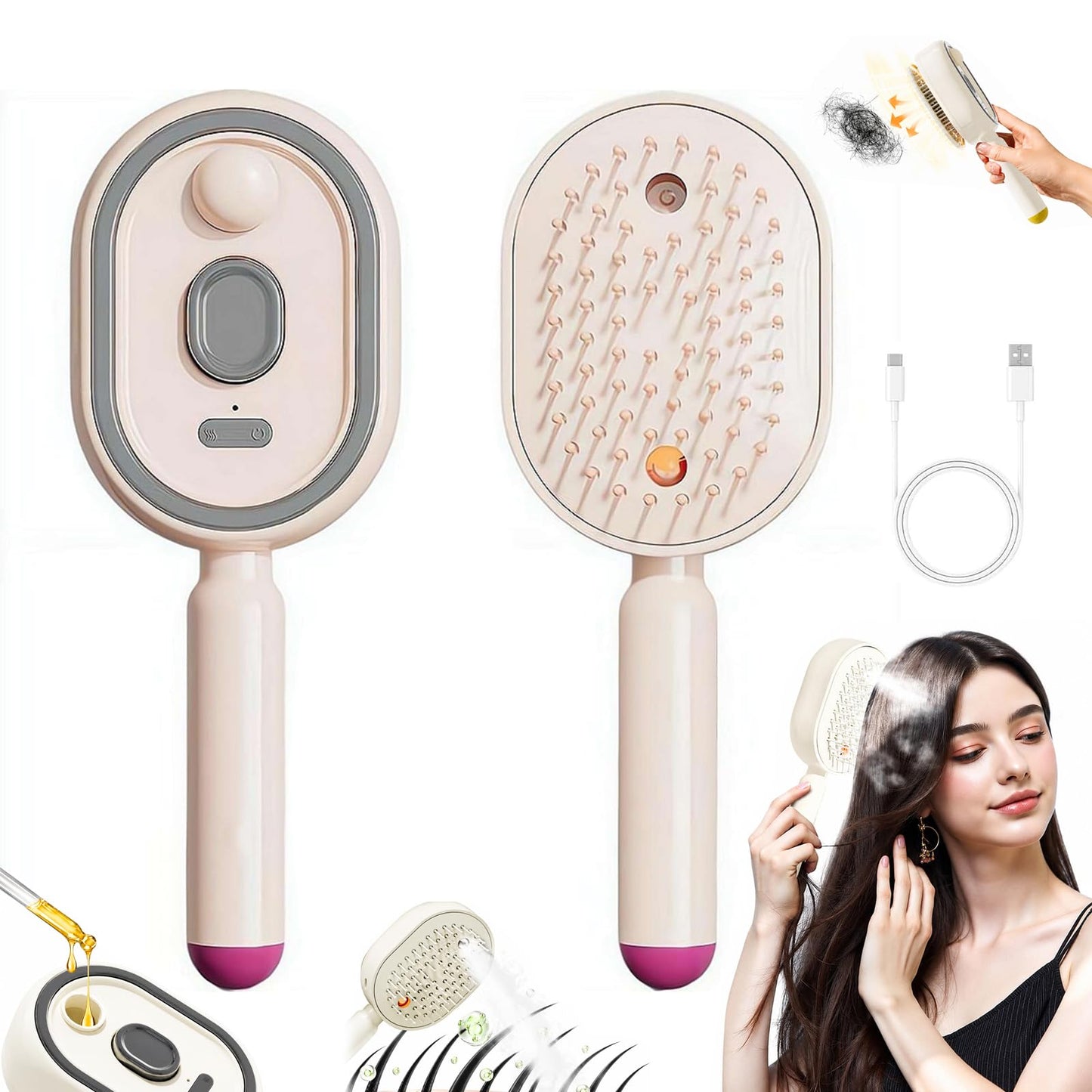 Electric Spray Air Cushion Massage Comb,2026 Electric Steam Brush,Rechargeable Hair Straightener Brush with Detangling Comb,3-in-1 Mist Spray Hair Brushes,Self-Cleaning Anti-Tangle (Pink, 1pcs)