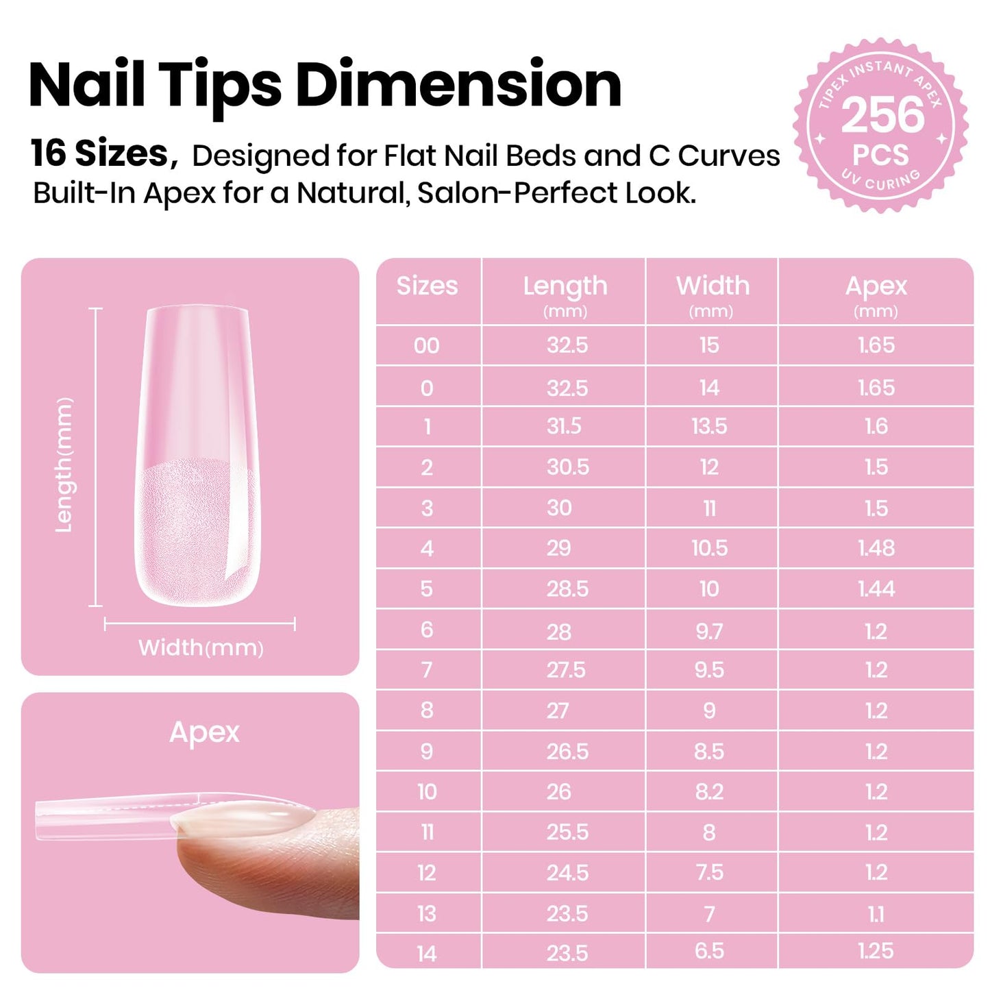 Beetles Tipex Lite Instant Apex Nail Tips, Long Square, No Builder Gel Needed, 256pcs Value Pack, 16 Sizes 00-14 for DIY Salon-look Extensions