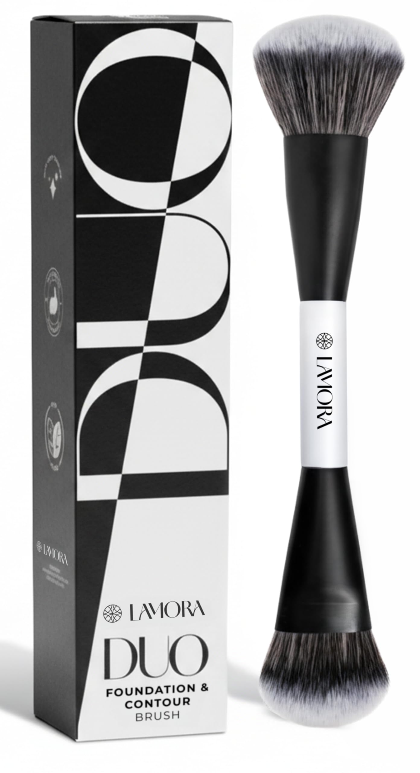 Lamora Liquid Bronzer + Contour Foundation Dual-Ended Makeup Brush - Full Face Duo Makeup Kabuki Brush for Cream or Liquid Blush Concealer Highlighter - Vegan, Cruelty-Free & Synthetic Bristles