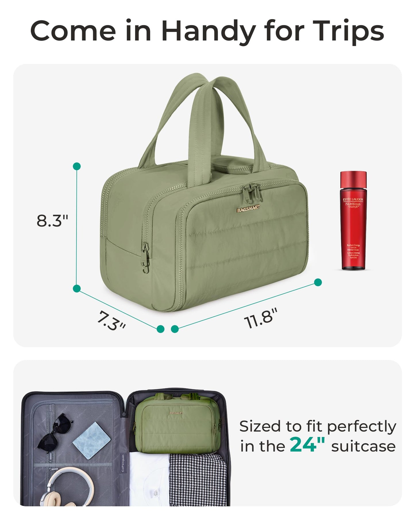 BAGSMART Travel Toiletry Bag, Lightweight Large Wide-open Travel Bag for Women, Puffy Cosmetic Makeup Bag Organizer with Handle for Accessories,Essentials, Toiletries, Green