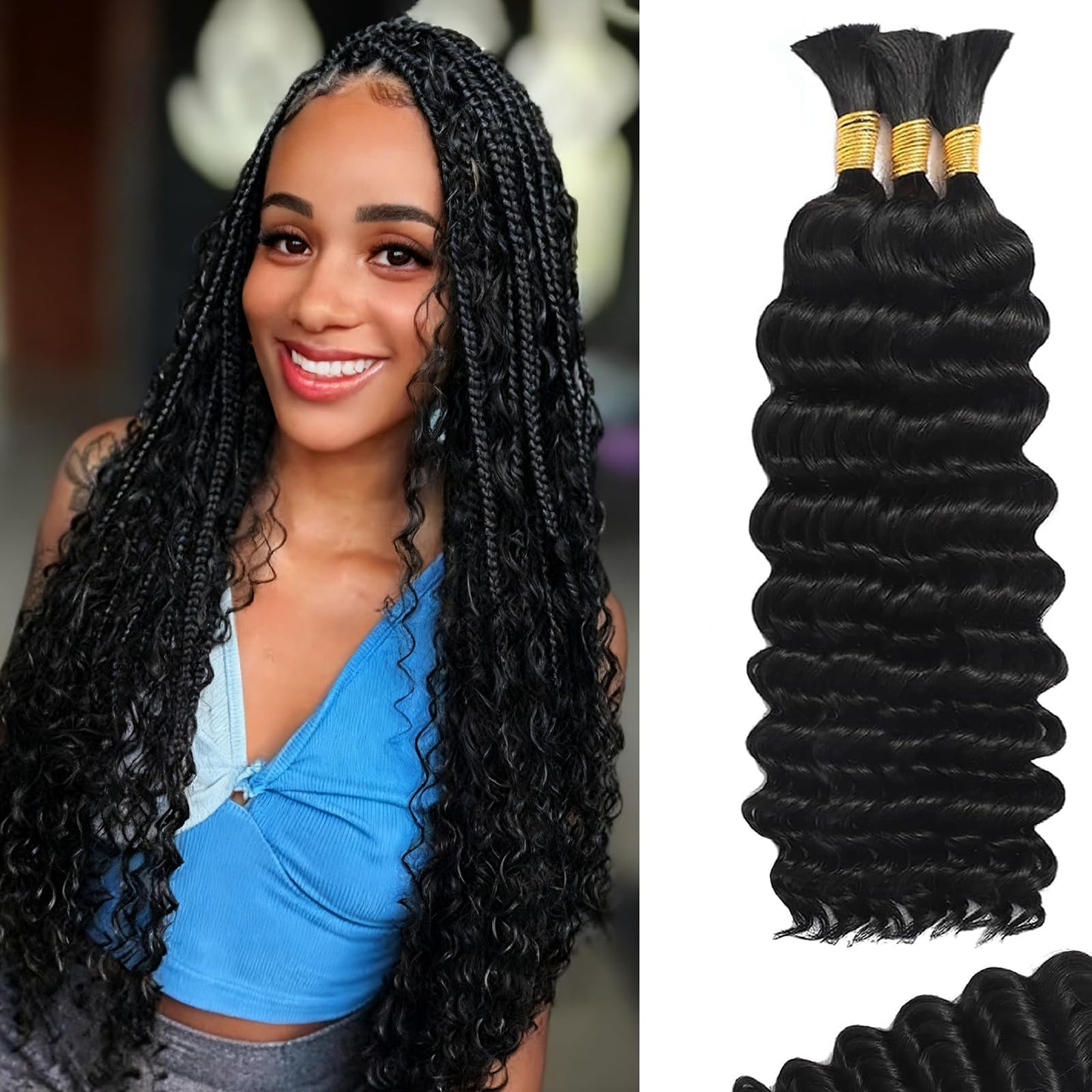 Human Braiding Hair for Boho Braids 110g 18 Inch Deep Water Wave Curly Bulk 100% Human Hair Curly Deep Wave Bundles for Braiding Knotless, Wet and Wavy Crochet Hair Extensions Bohemian Micro Braiding
