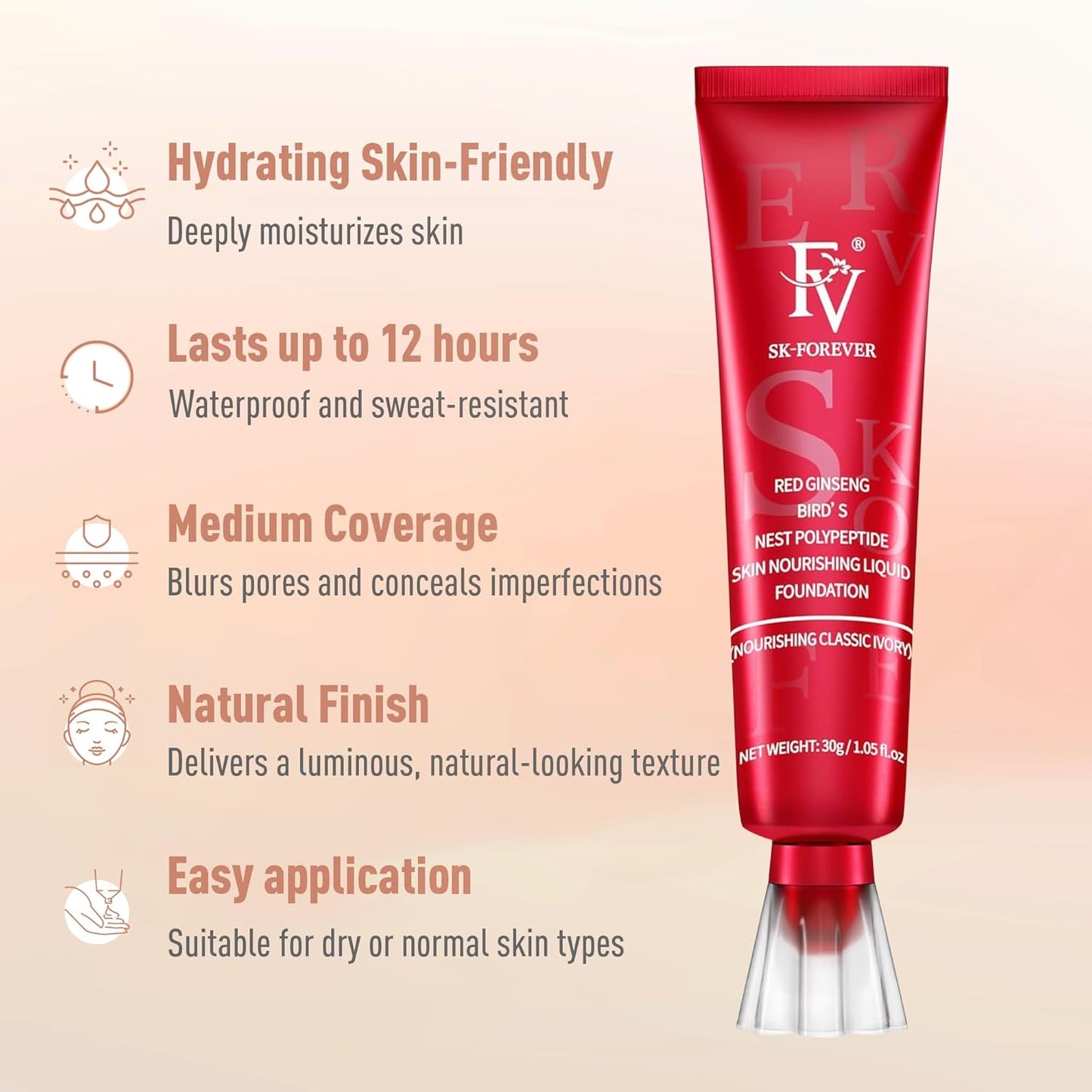 Dewy Liquid Foundation Makeup - Waterproof & Lightweight Hydrating Formula | 2 Pack, Classic Ivory