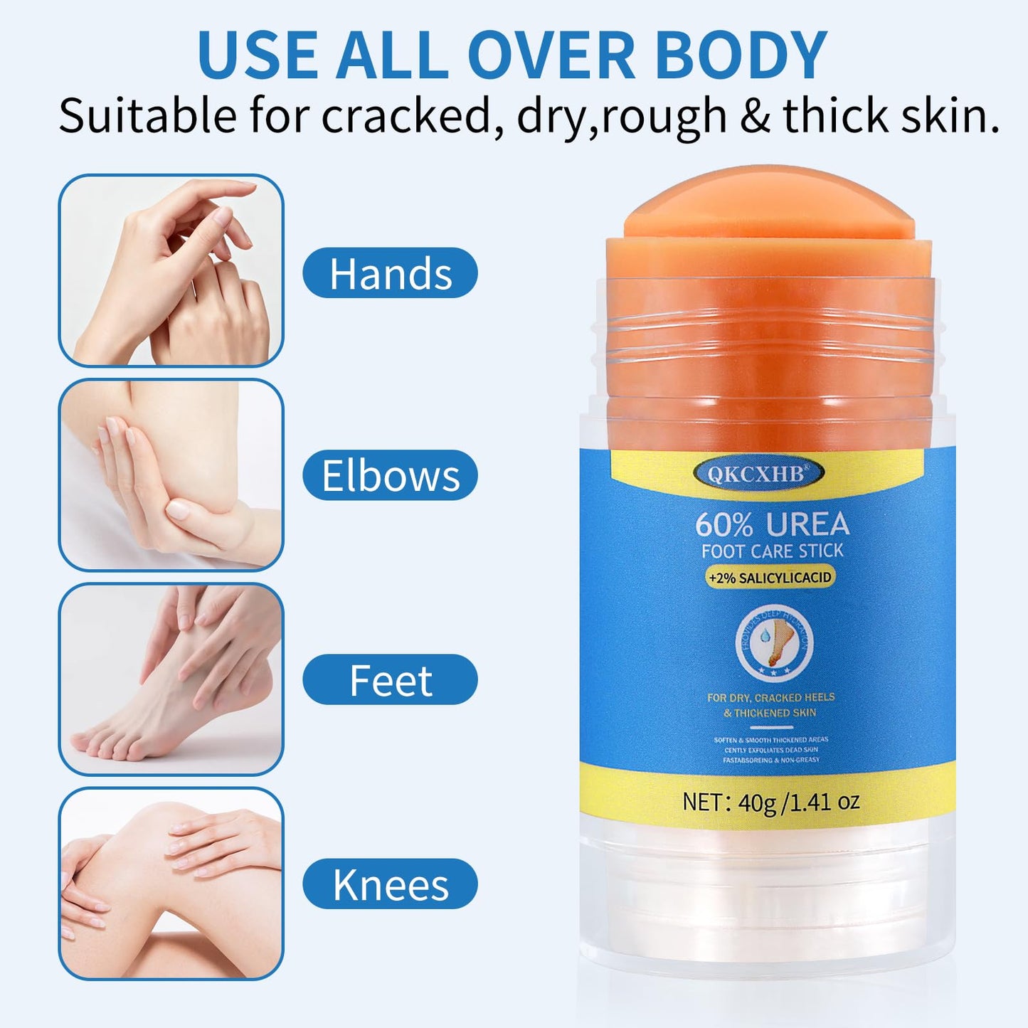 60% Urea Foot Cream Stick Plus 2% Salicylic Acid - Maximum Strength Callus Remover for Dry Cracked Heels & Feet - Touch-Free Exfoliating Moisturizer Bar for Rough Elbows, Knees & Sensitive Skin