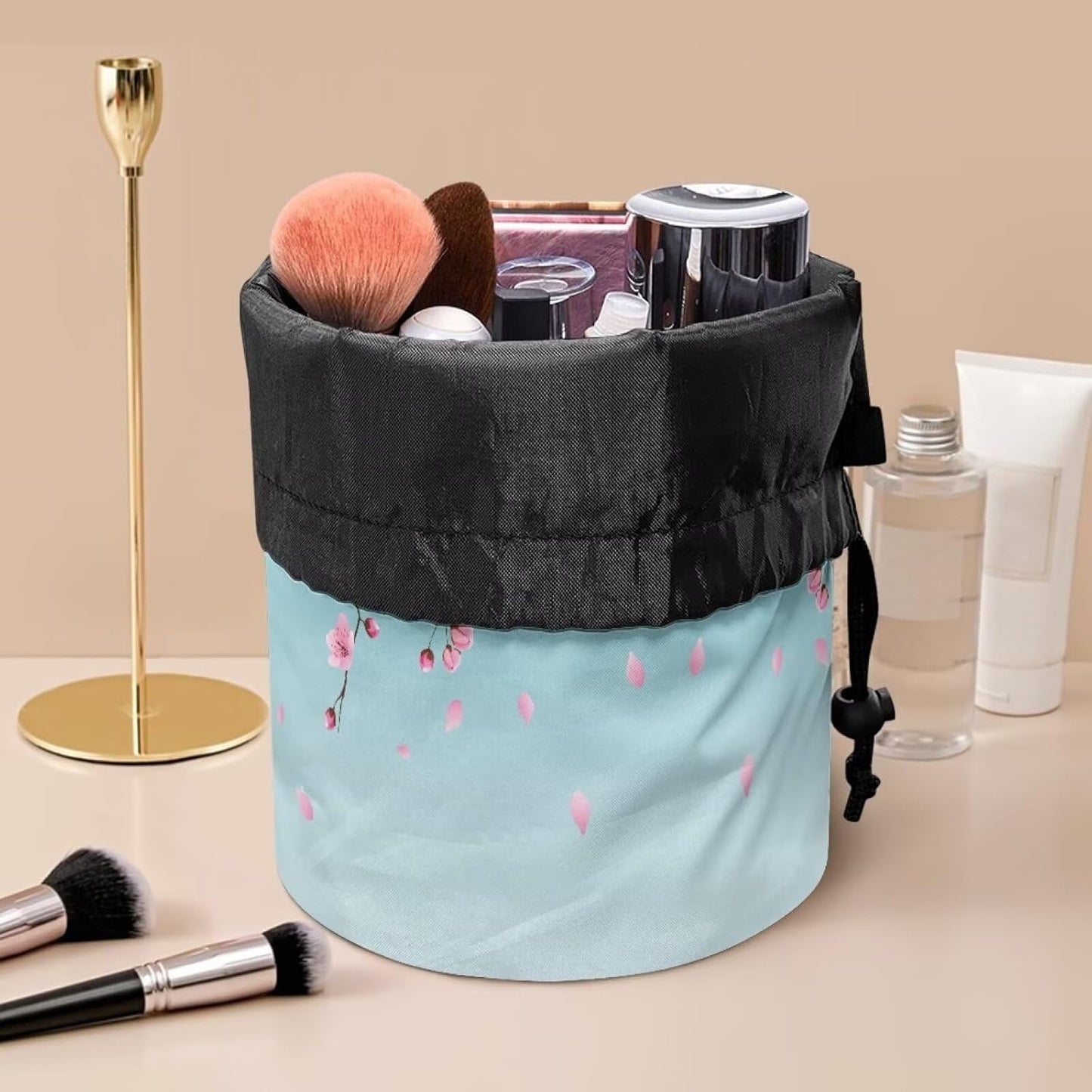 Peach Blossom Blue Cosmetic Bag for Women - Portable Drawstring Makeup Organizer | Collapsible Toiletry Storage
