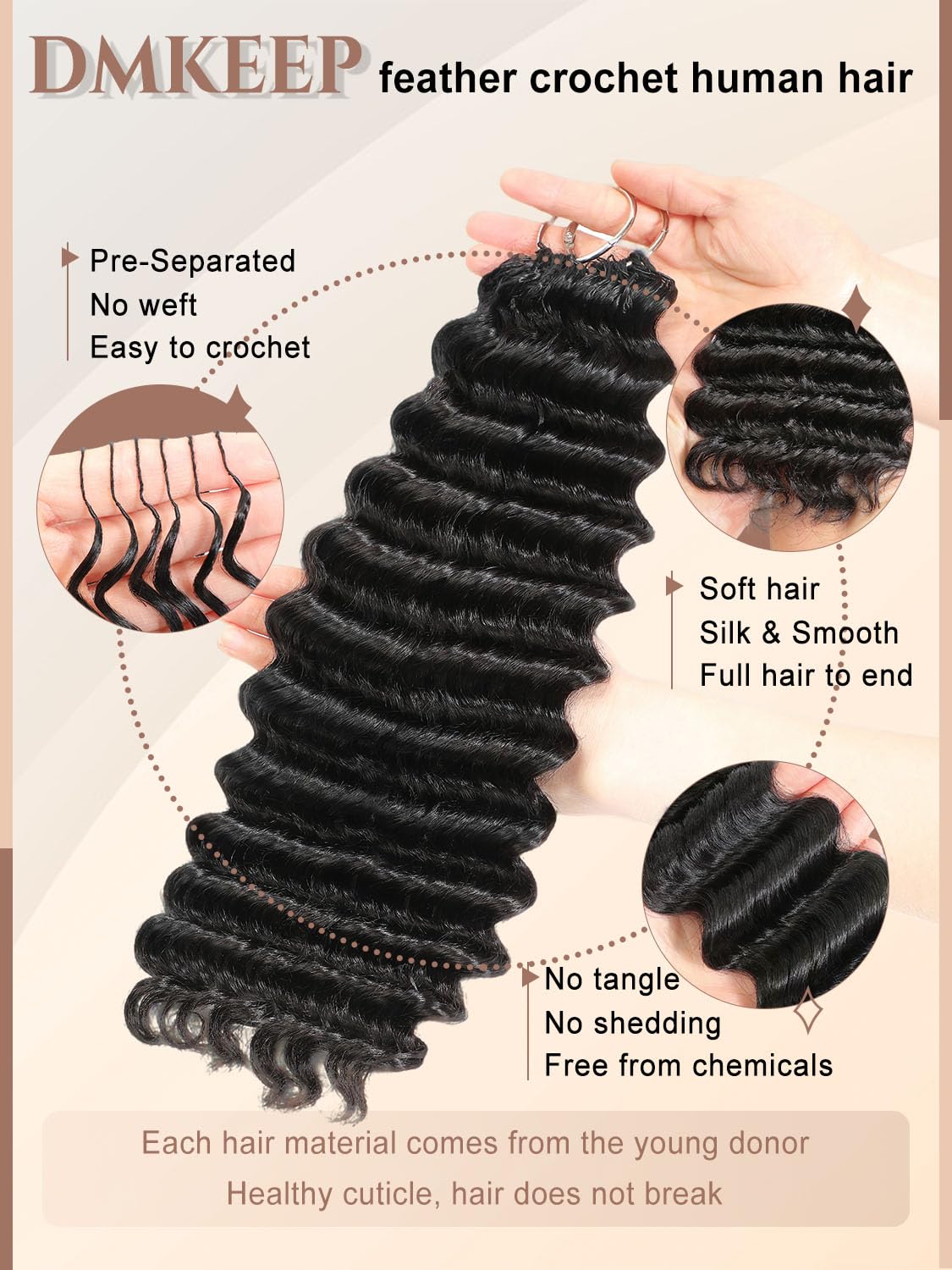 DMKEEP Deep Wave Feather Crochet Human Hair 18 Inch (100 Standard)
