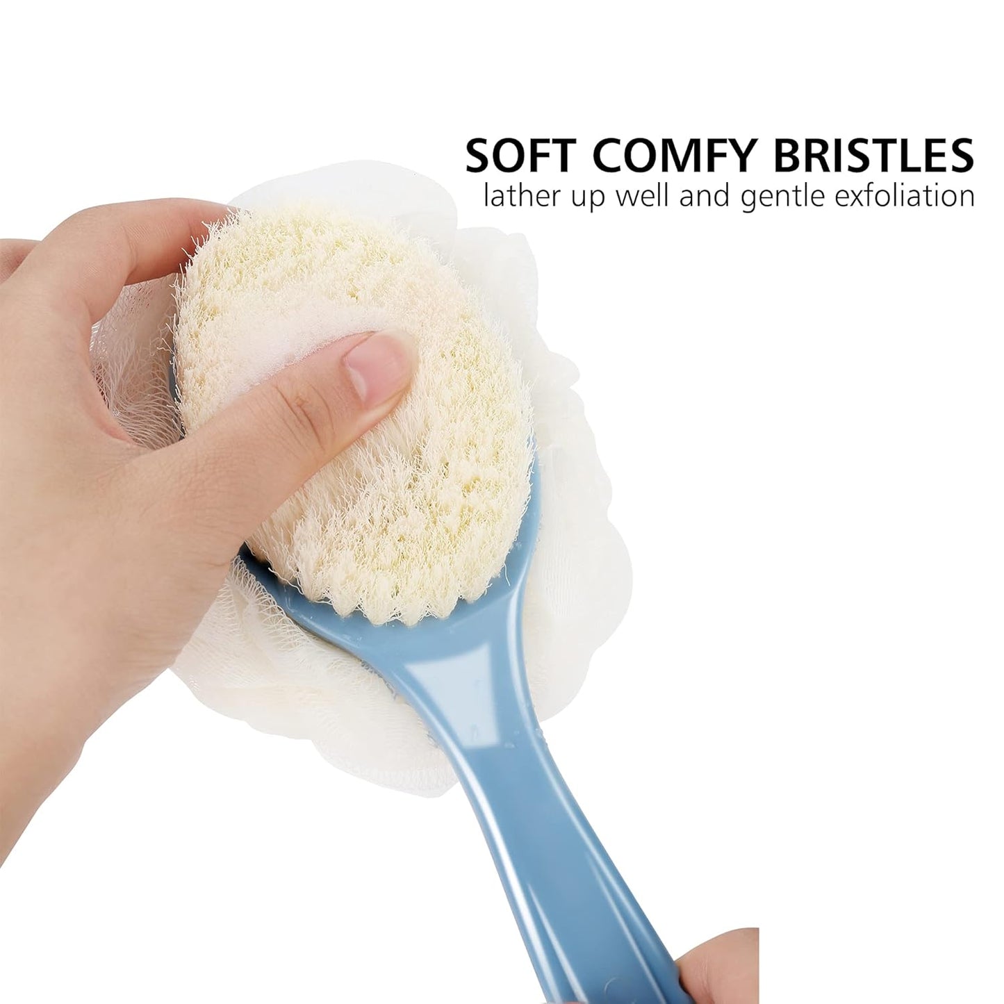 Shower Body Brush - Exfoliating Back Scrubber with Curved Handle | Dual Bristles & Loofah for Wet/Dry Use - Blue