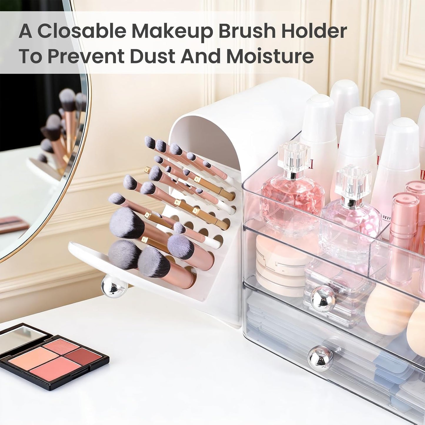 Makeup Organizer - Large Vanity Storage with Brush Holder & Drawers | Perfect for Skincare, Lipstick, Perfume, and Nail Polish