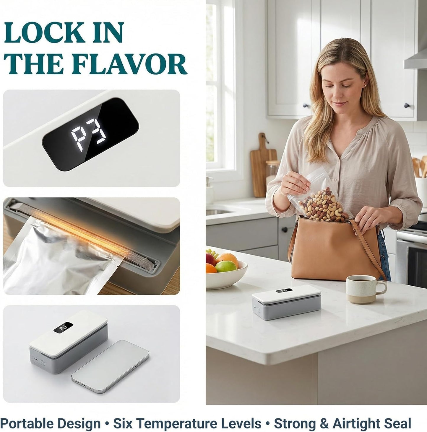 Mini Bag Sealer - Digital Display Resealing Machine for Food Storage | White