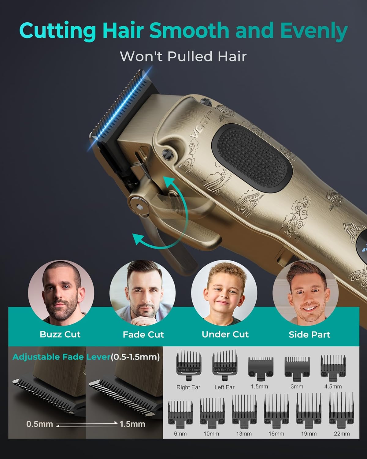 VGRPRO Hair Clippers for Men - Professional Cordless & Corded Grooming Kit | LED Battery Display, Golden Finish