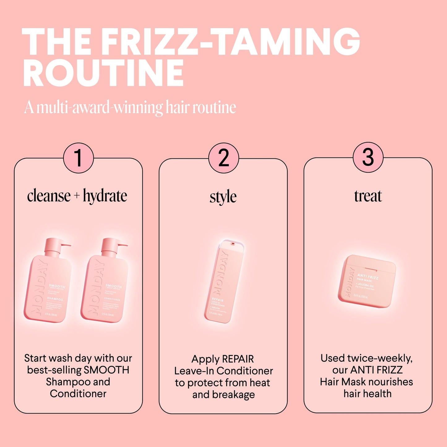 MONDAY HAIRCARE Smooth Shampoo + Conditioner Bathroom Set (2 Count) 12 oz Each For Frizzy, Coarse & Curly Hair Made with Coconut Oil, Shea Butter & Vitamin E 100% Recyclable Bottle Pink