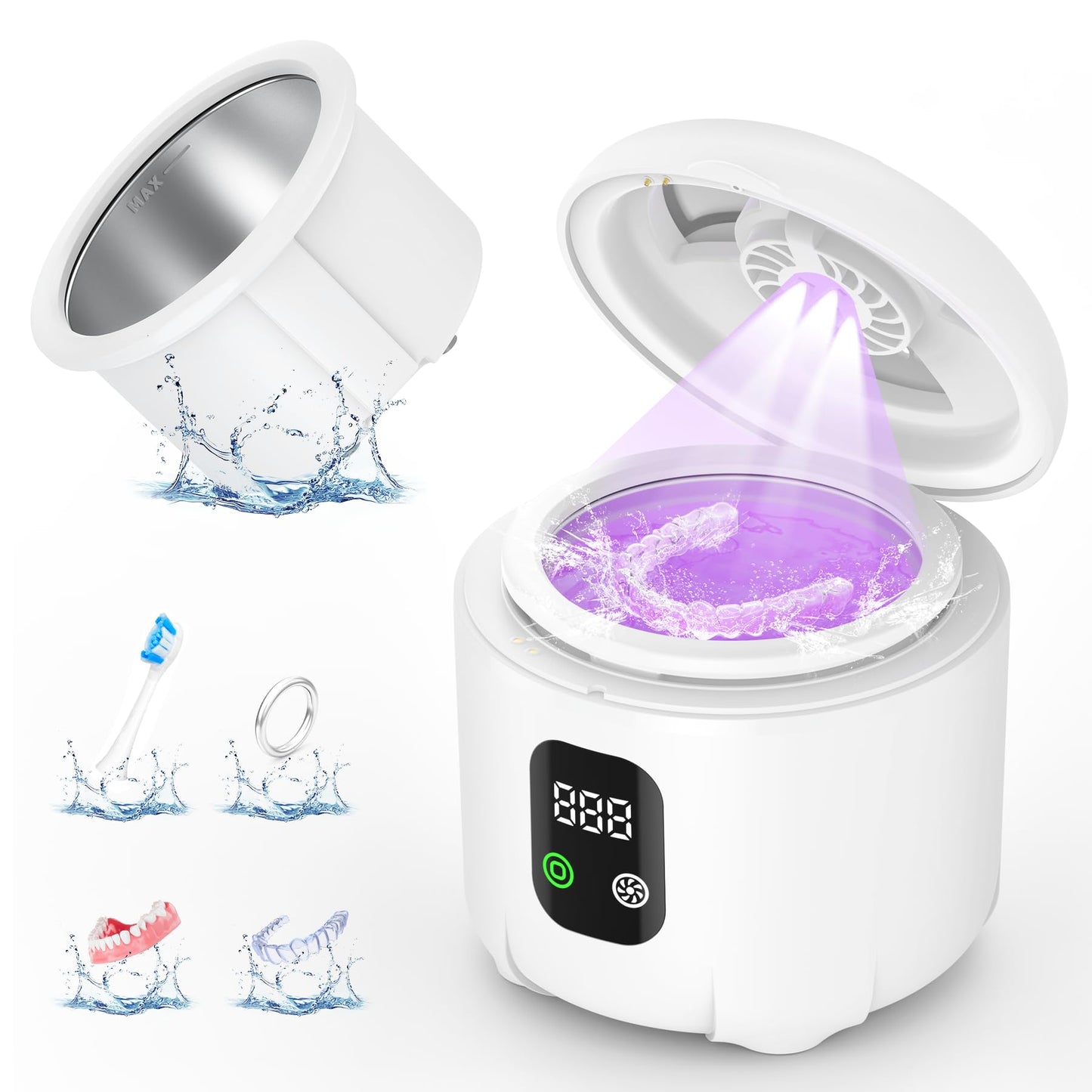 Ultrasonic Retainer Cleaner 25W Portable Ultrasonic Denture Cleaner Multi-Mode 45KHz with Drying and Removable Inner for Dental Trays, Braces, Jewelry, Toothbrushes, Mouth Guards, Aligners,Ring White