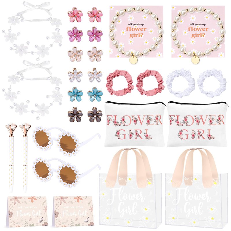 30Pcs Flower Girl Proposal Gift Set, Will You Be My Flower Girl Gift Including Bags Sunglasses Makeup Bag Headband Bracelet Diamond Pen Hair Accessories Card for Wedding Engagement Bridal Shower Party