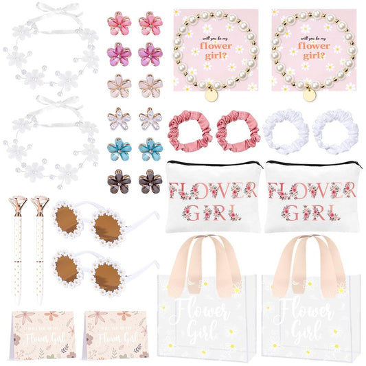 30Pcs Flower Girl Proposal Gift Set, Will You Be My Flower Girl Gift Including Bags Sunglasses Makeup Bag Headband Bracelet Diamond Pen Hair Accessories Card for Wedding Engagement Bridal Shower Party
