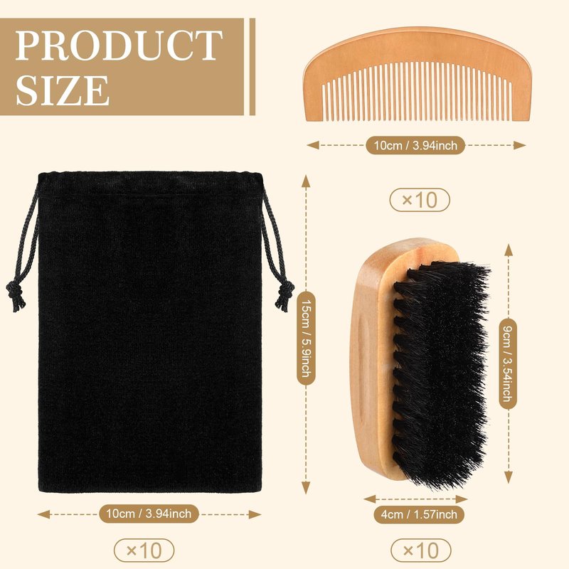 10 Sets Natural Boar Bristle Brush, Pear Wood Dual-Sided Wide Tooth Comb, Travel Pouch - Beard Grooming Kit for Men's Beard Care, Valentine's Gift (Rectangle)