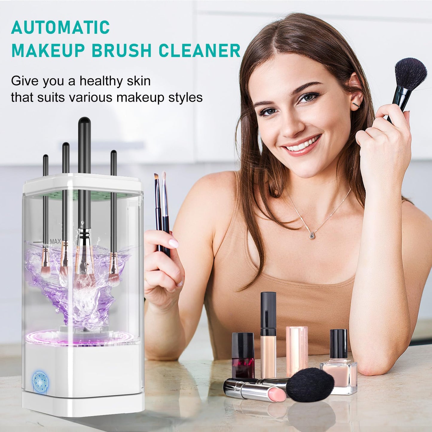 Makeup Brush Cleaner, Multi-Functional Cosmetic Brush Cleaner, Portable Automatic Makeup Brush Cleaning Solution with Dryer-Holder Makeup Brushes, Blush Brushes, and Sponges