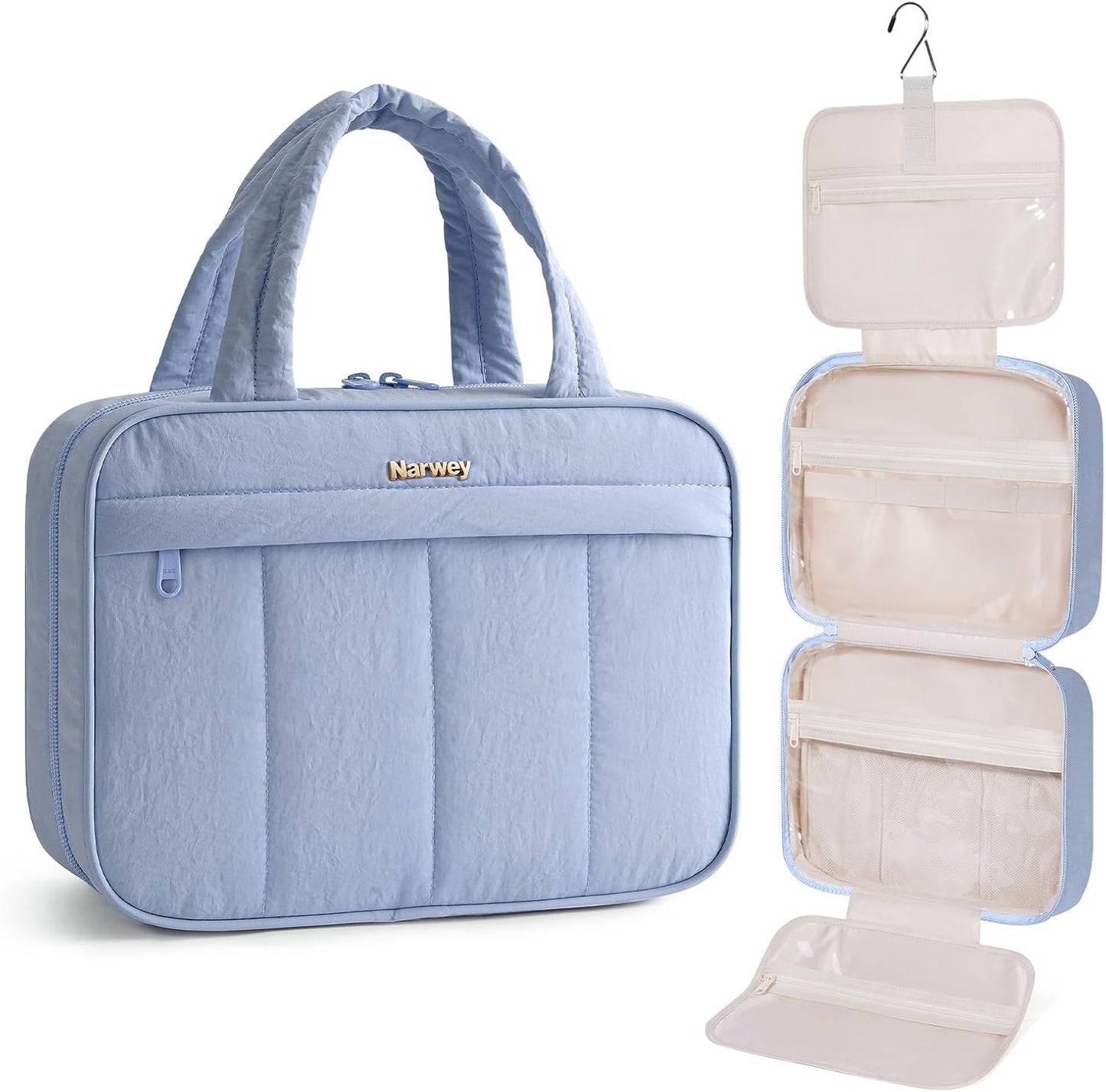 Hanging Travel Toiletry Bag for Women - Quilted Makeup Organizer with Handle | Portable Khaki Bathroom Essentials