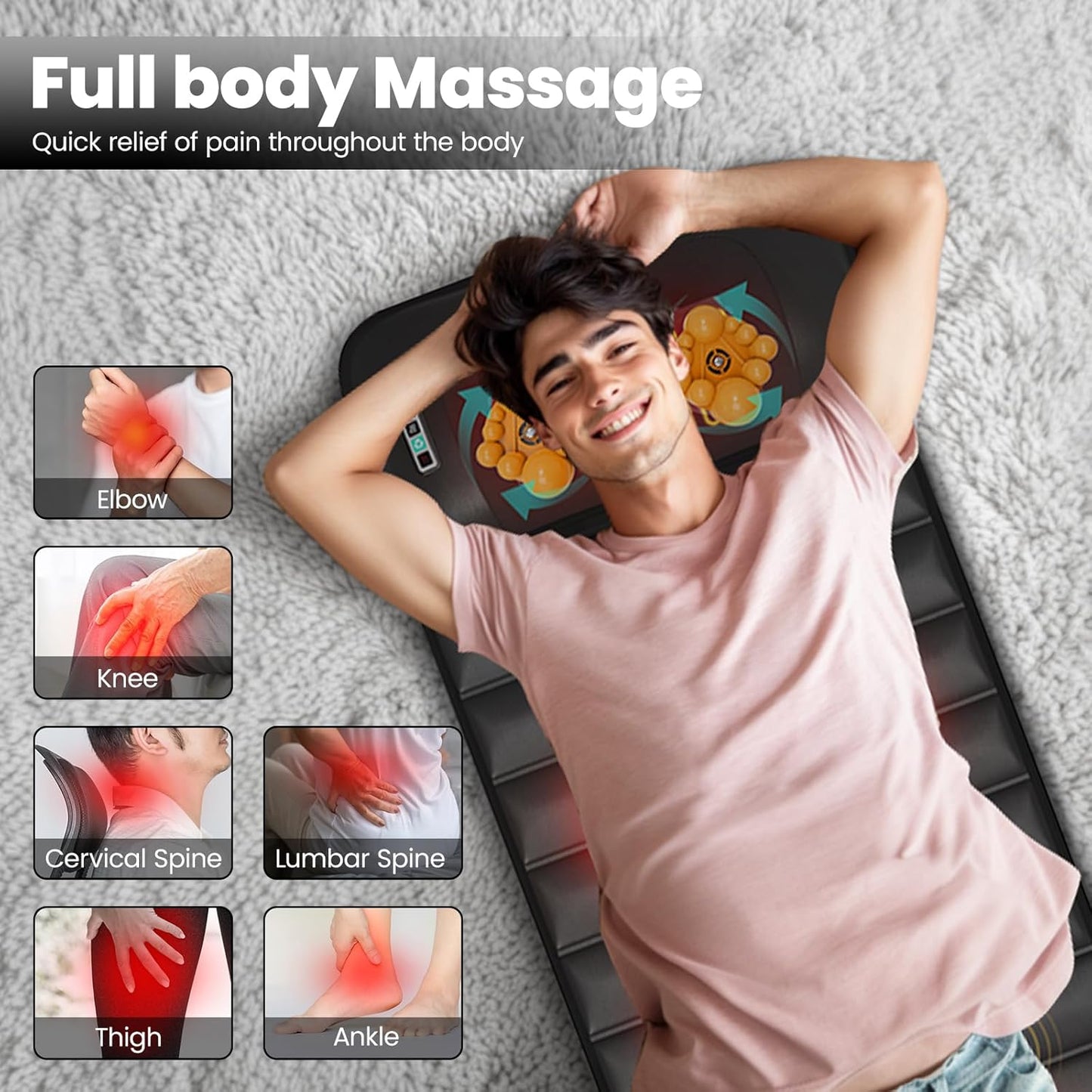 Massage Mat - Full Body Vibration Heating Pad with 10 Motors & 9 Speed Settings | Detachable Neck Massager - Black