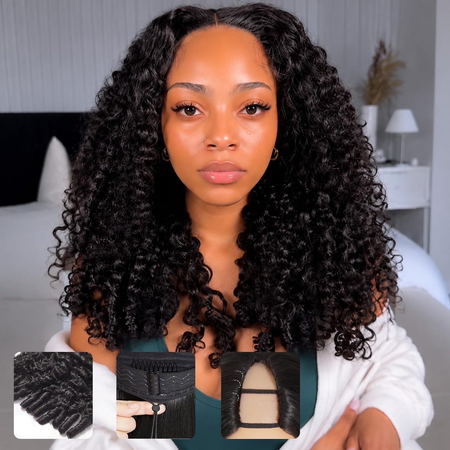 Burmese Curly V Part Half Wig - 220% Density, 16 Inch, 100% Human Hair | Easy Wear & Go Style