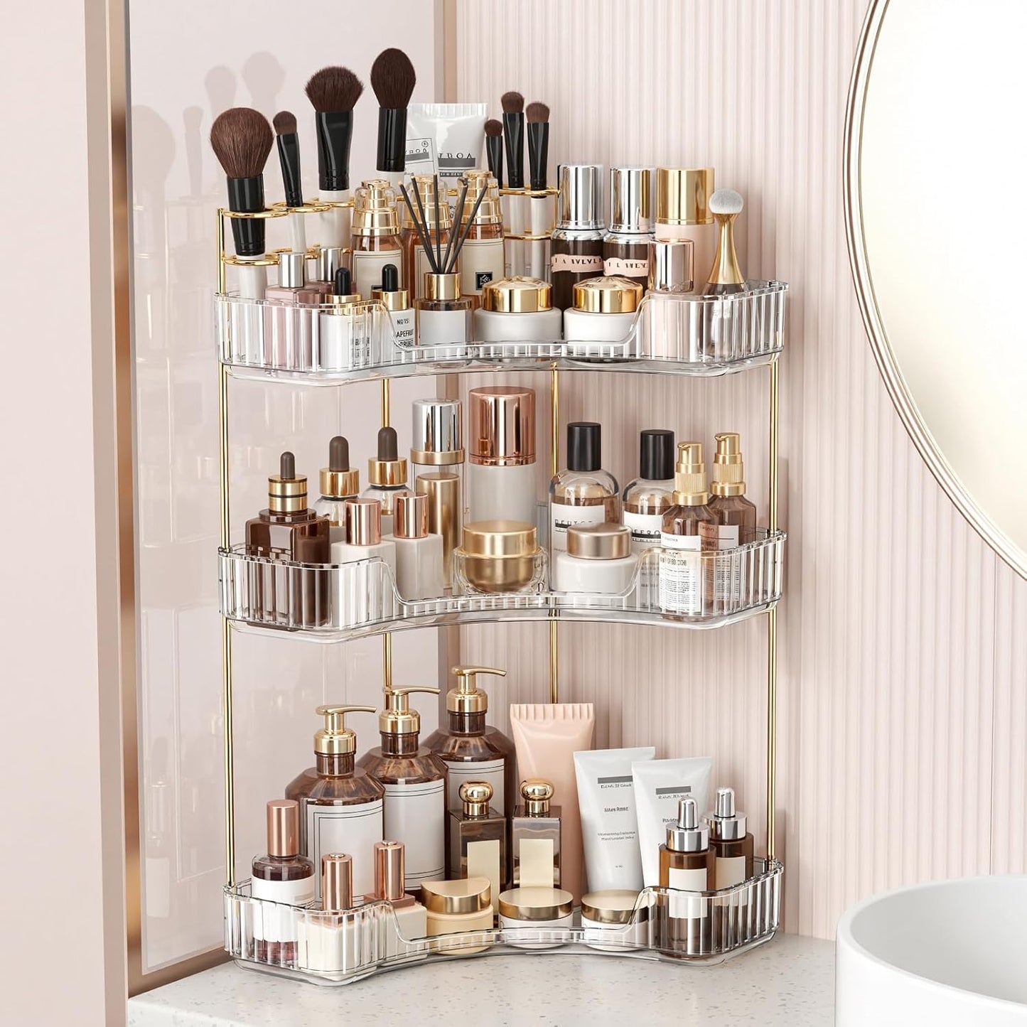Corner Bathroom Counter Organizer - 2-Tier Makeup & Skincare Storage | Clear Vanity Organizer