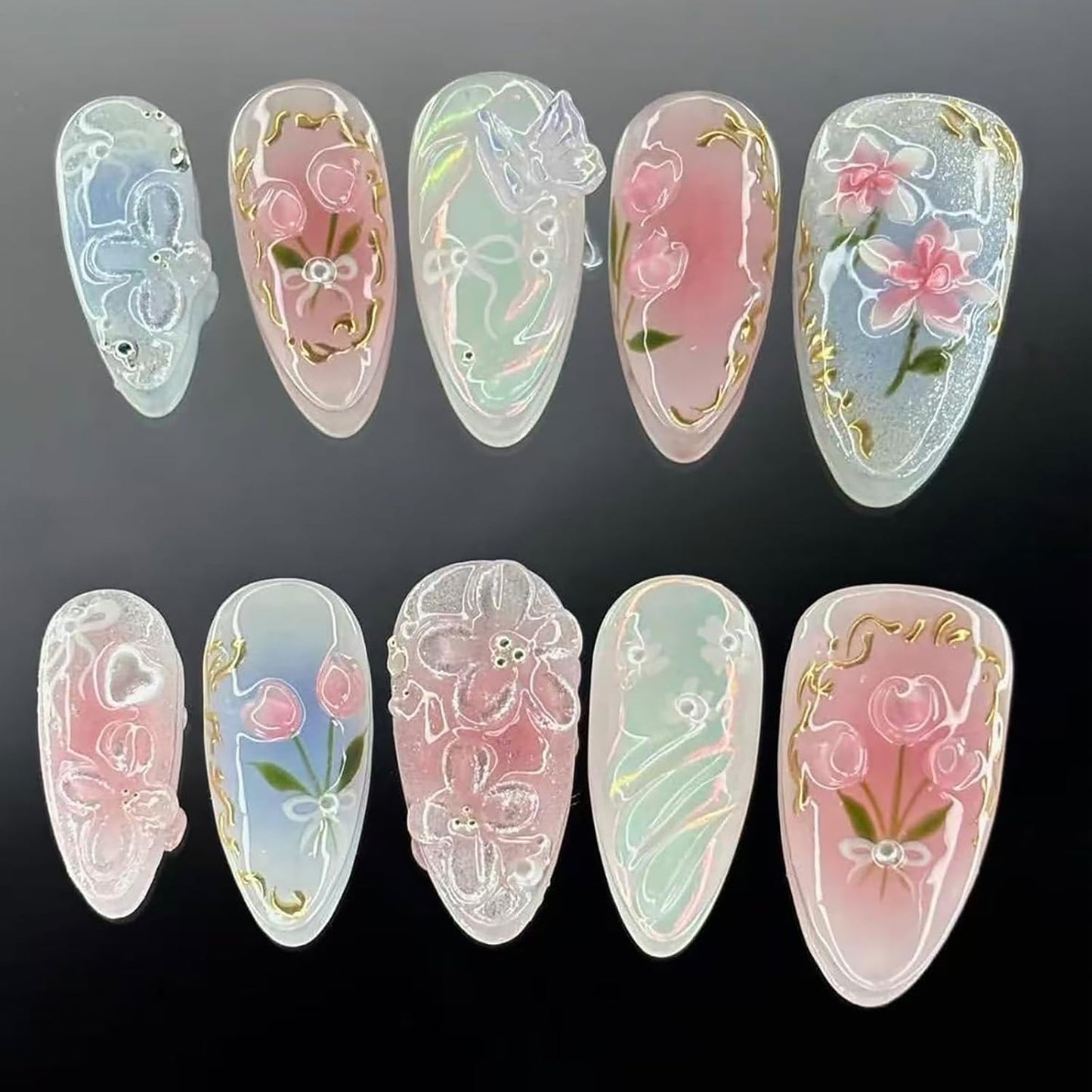 3D Pink Flower Press-On Nails - Nude Pink Gradient French Tip | Medium Almond, Reusable 30 Pcs for Weddings