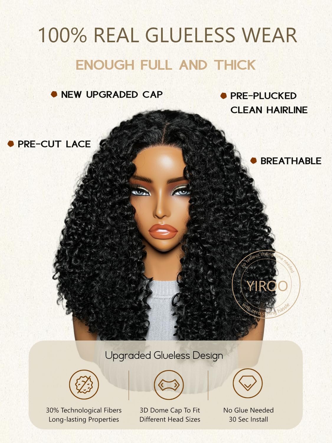YIROO Kinky Deep Curly Human Hair Wear and Go Glueless Bob Wig with Fiber Blend 180% Density Pre Cut 4x4 Lace Closure Pre Plucked Afro Kinky Curly Bob Wigs for Black Women Put On Go Bob Wigs 15Inch