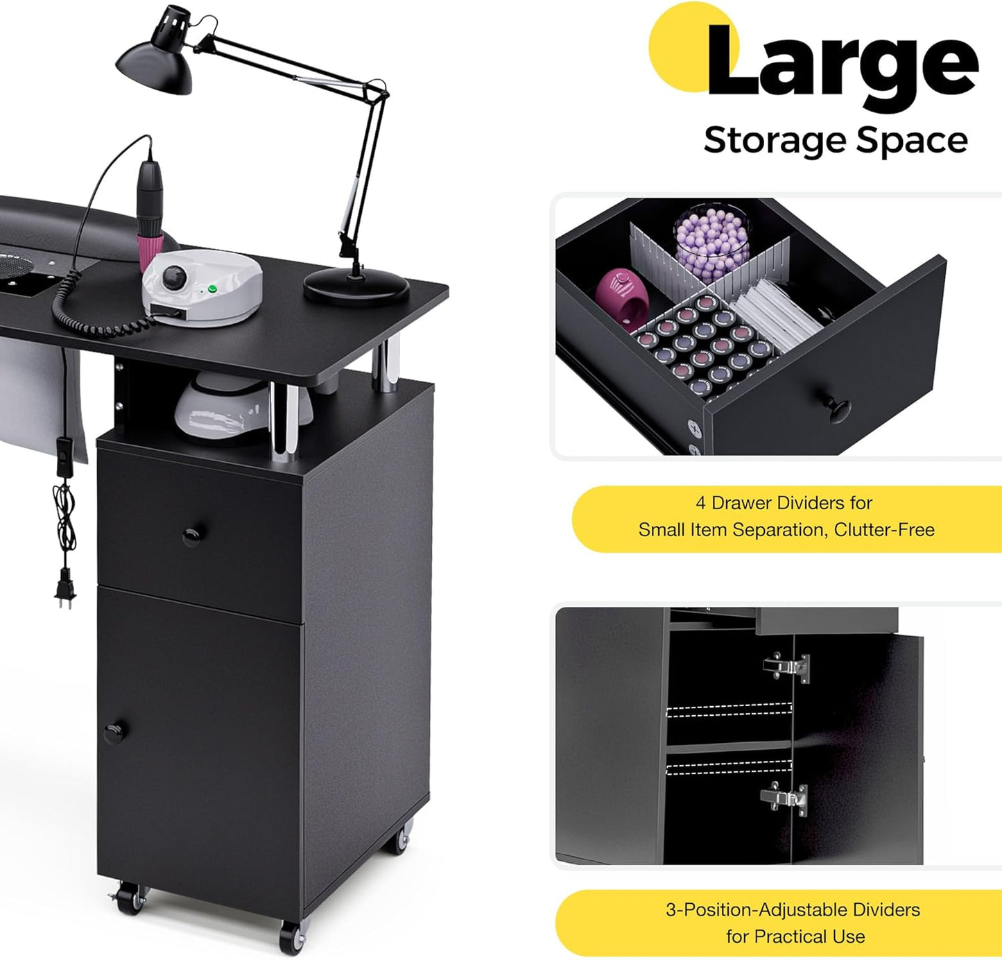 Nail Tech Table - Manicure Desk with Dust Collector, Arm Rest & Wheels | Black Beauty Salon Station