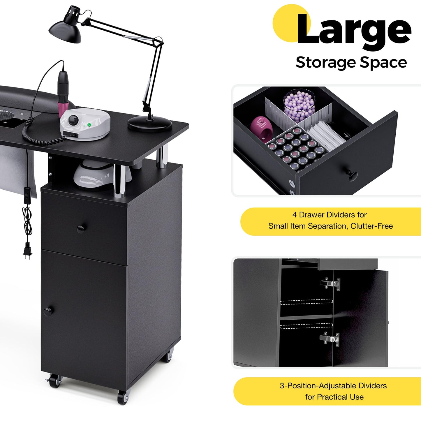 HolaiNail Manicure Table, Nail Desk Nail Tech Table with Dust Collector, Arm Rest, Wheels, Drawer & Cabinet, Beauty Salon Station, Black