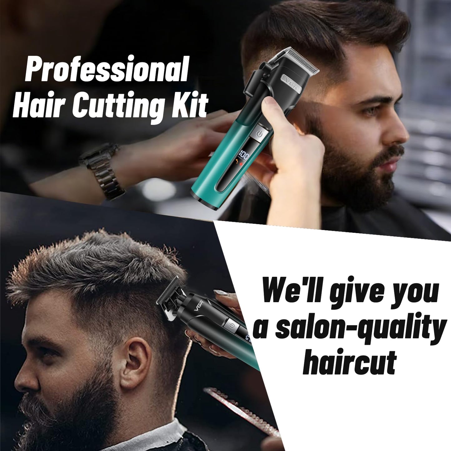 VGR 694 Hair Clippers for Men, Professional Barber Clippers and Trimmers Set, Mens Cordless Hair Cutting Kit with Foil Shaver, Charging Base & LED Display(Green)