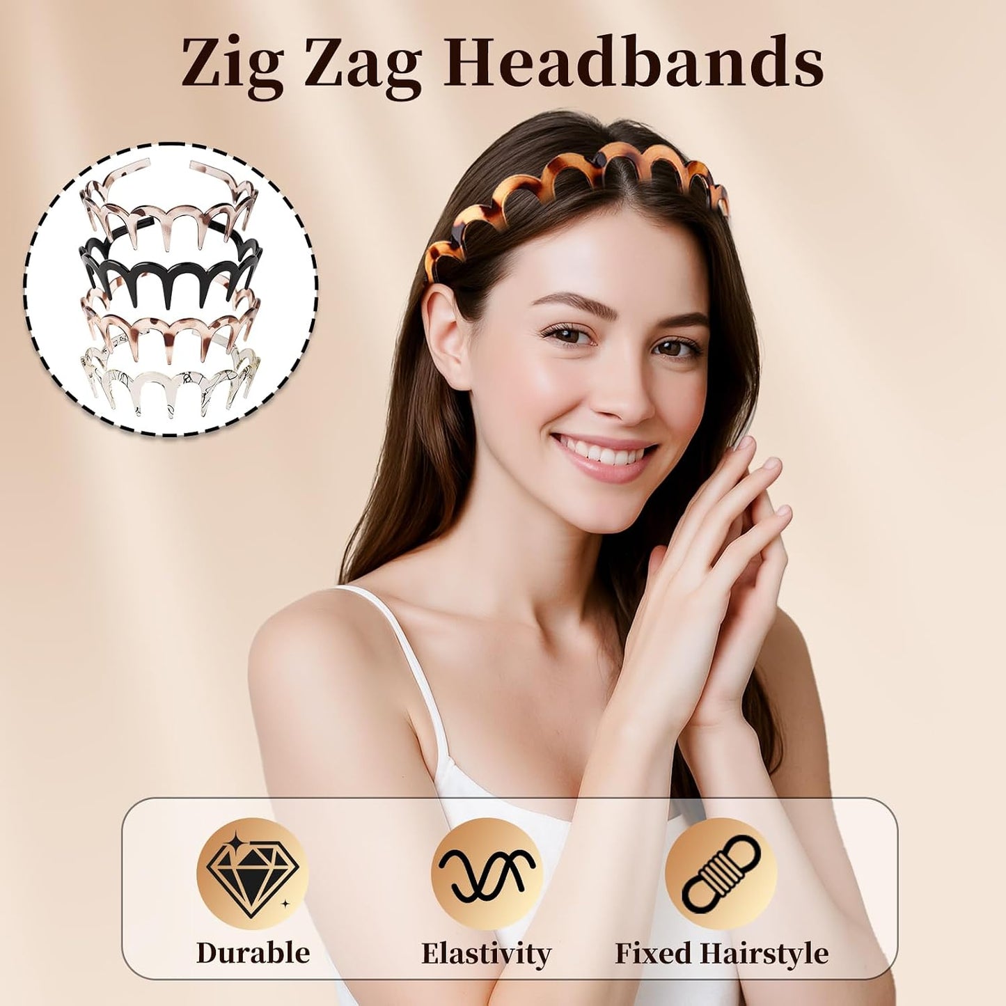 Zig Zag Headbands for Women - 5-Pack Wavy Teeth Hair Accessories | Includes 1 Hair Clip