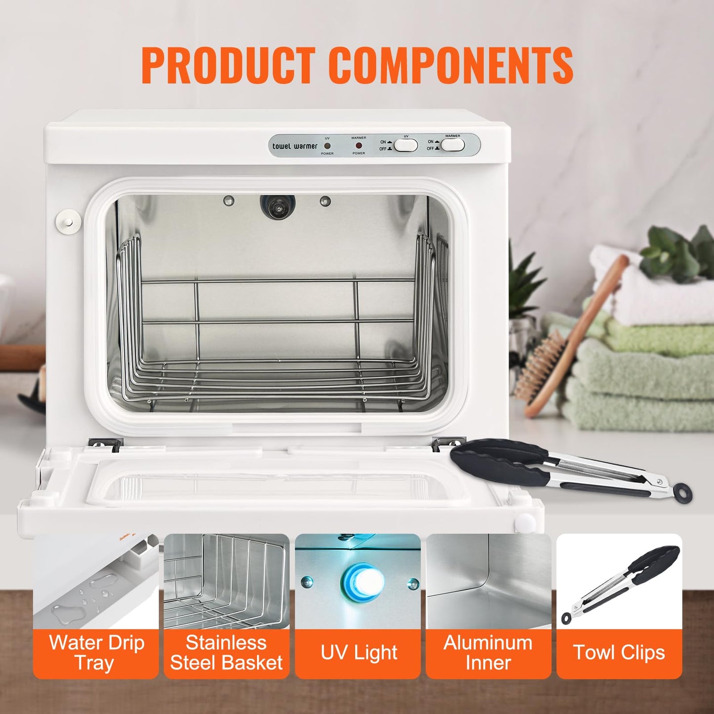 VEVOR Hot Towel Warmer, 8L Small Towel Warmer Cabinet with Clip & Stainless Steel Rack, Holds up 12 Towels, Portable All-Round Heating Cabinet for Spa, Barber, Manicures, Massage, Salon, White