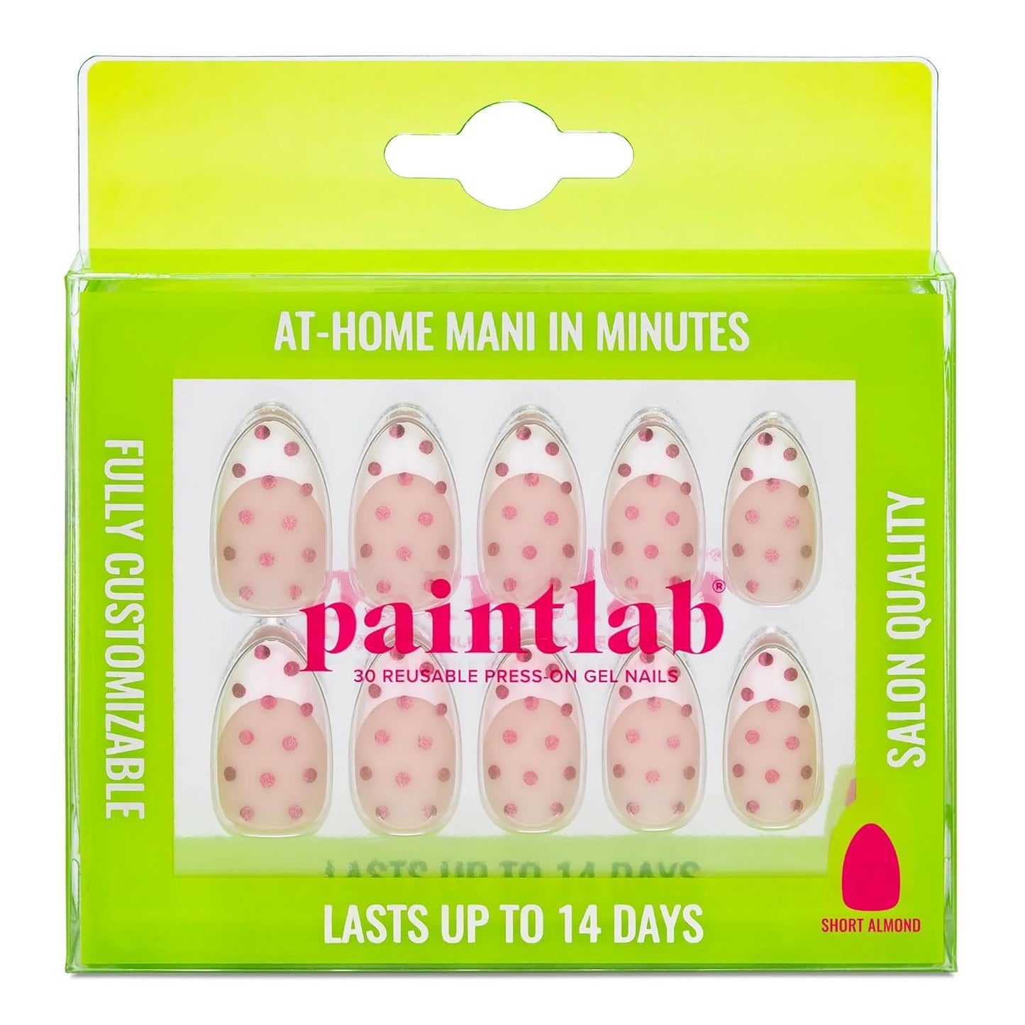 Press On Nails - Chrome Pink Polka Dot French Tip | Short Almond, 30 Nails in 15 Sizes with Glue, Reusable Salon Quality