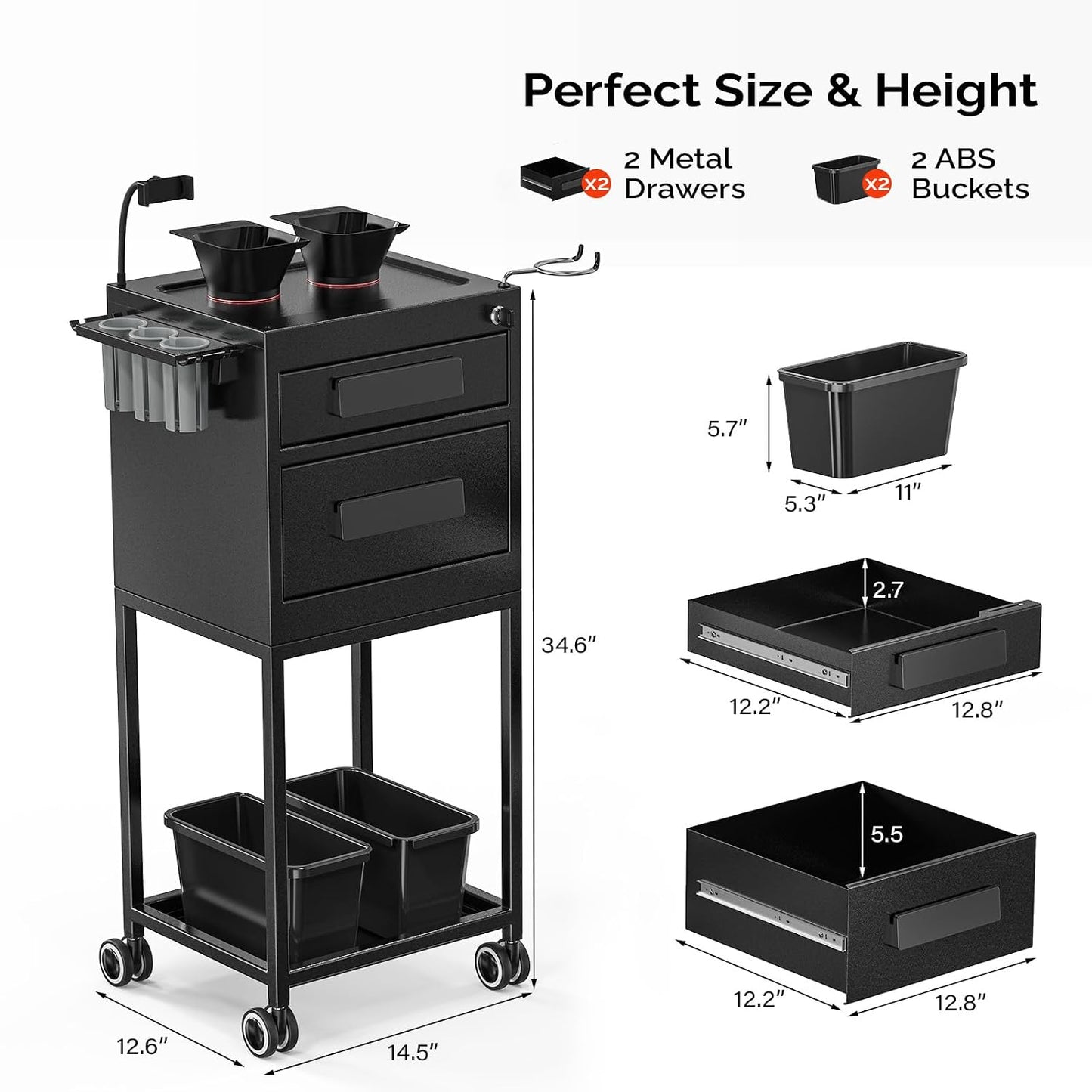 Salon Trolley Cart - Hair Stylist Station with Lockable Drawer, 2 Magnetic Color Bowls & Storage Baskets | Black Metal Design