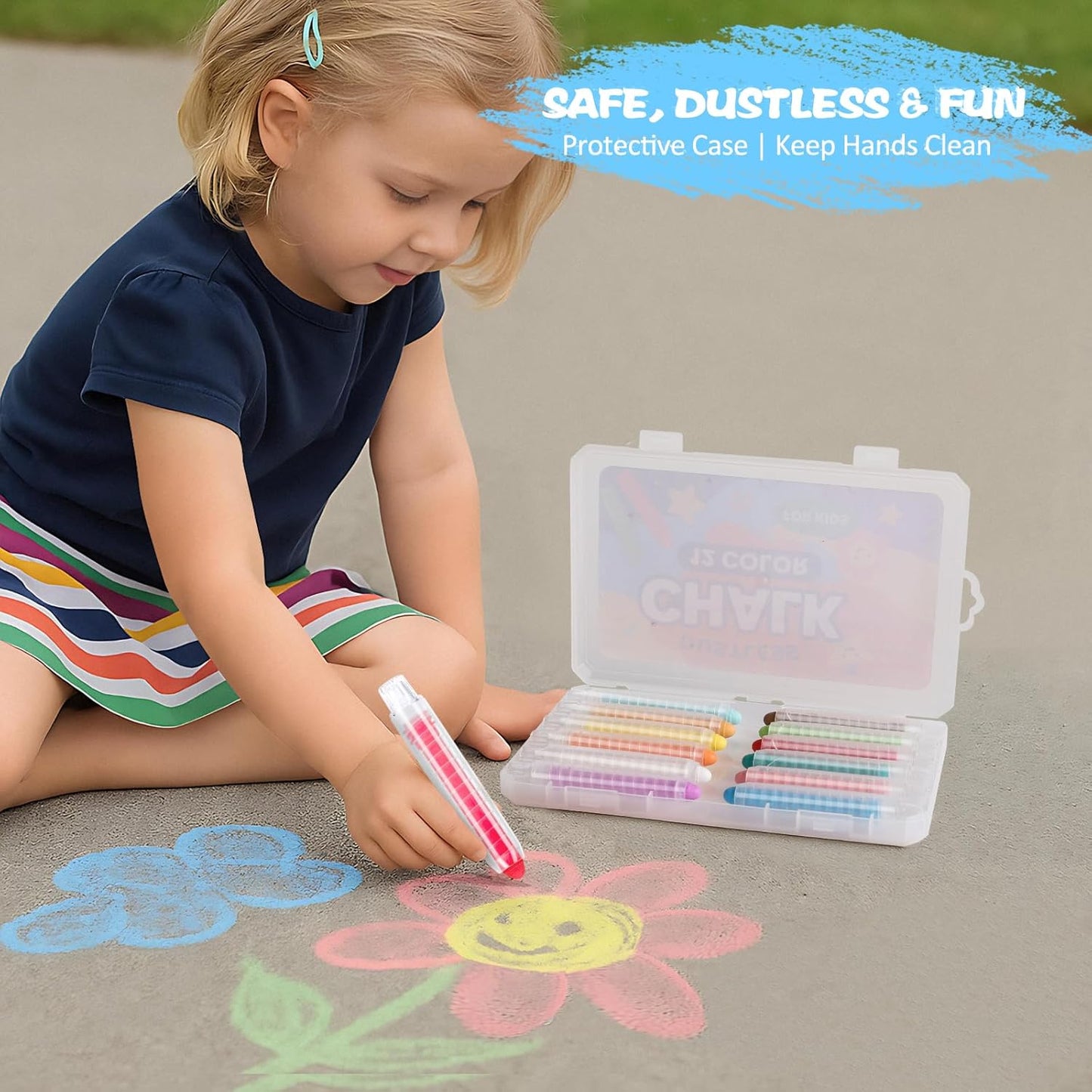 Dustless Chalk for Kids - 12 Colors Washable Sidewalk Chalk Set | Mess-Free Drawing on Chalkboards & Sidewalks