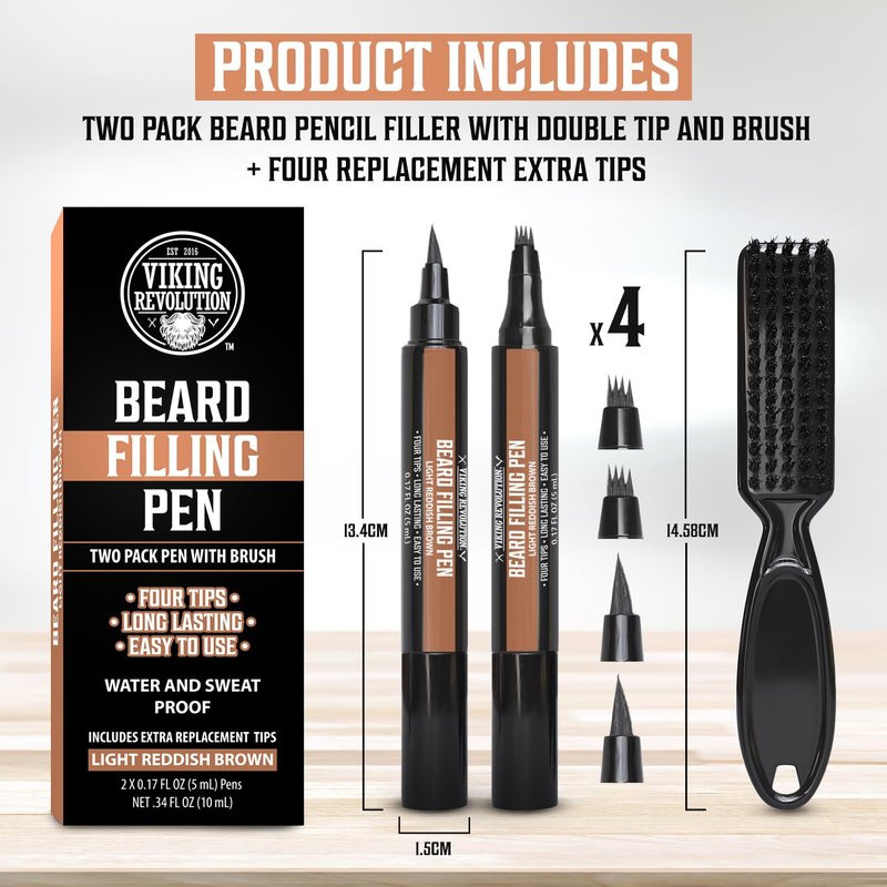 Viking Revolution Beard Pen (2 Pack) - Light Reddish Brown Beard Pencil Filler for Men - Beard Filler for Men Waterproof Beard Filling Pen Kit - Long Lasting Beard Filler Pen with Brush
