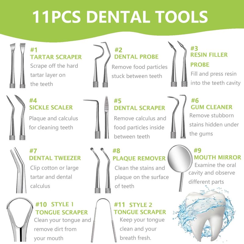 11 Pack Dental Tools PARYUNGR Teeth Cleaning Tool Kit, Stainless Steel Tongue Scraper Tartar Plaque Remover Tooth Cleaner Dental Floss Picks Mouth Mirror, Professional Oral Care Hygiene Set with Case
