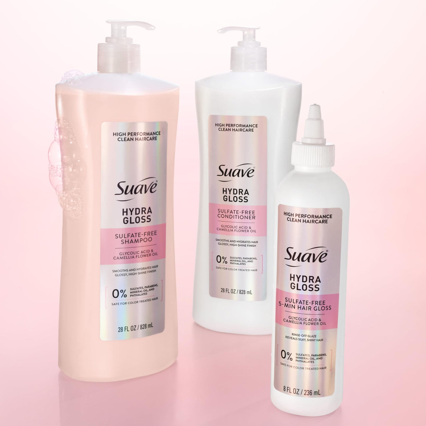 Suave Hydra Gloss Sulfate Free Shampoo and Conditioner Set with Glycolic Acid, Camellia Oil for Smooth, Glossy Shine on Dull, Dry, Color Treated Hair, 28 Fl Oz Each