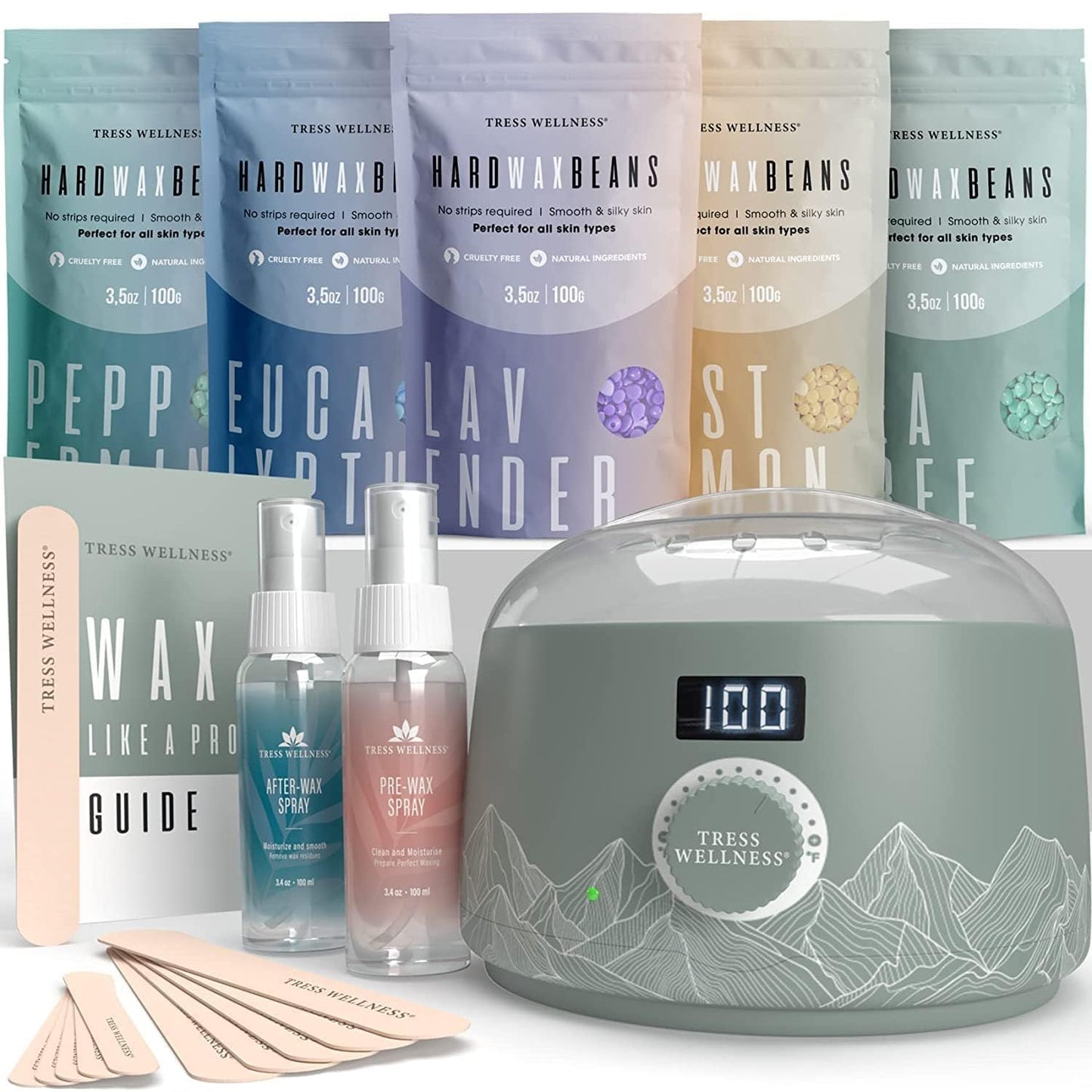 Tress Wellness Award Winning Waxing Kit for Sensitive Skin – Safe for Face & Skin, Easy to Use – At-Home Kit for Face, Bikini, Brazilian & Full Body - Digital Display, Green Mountain