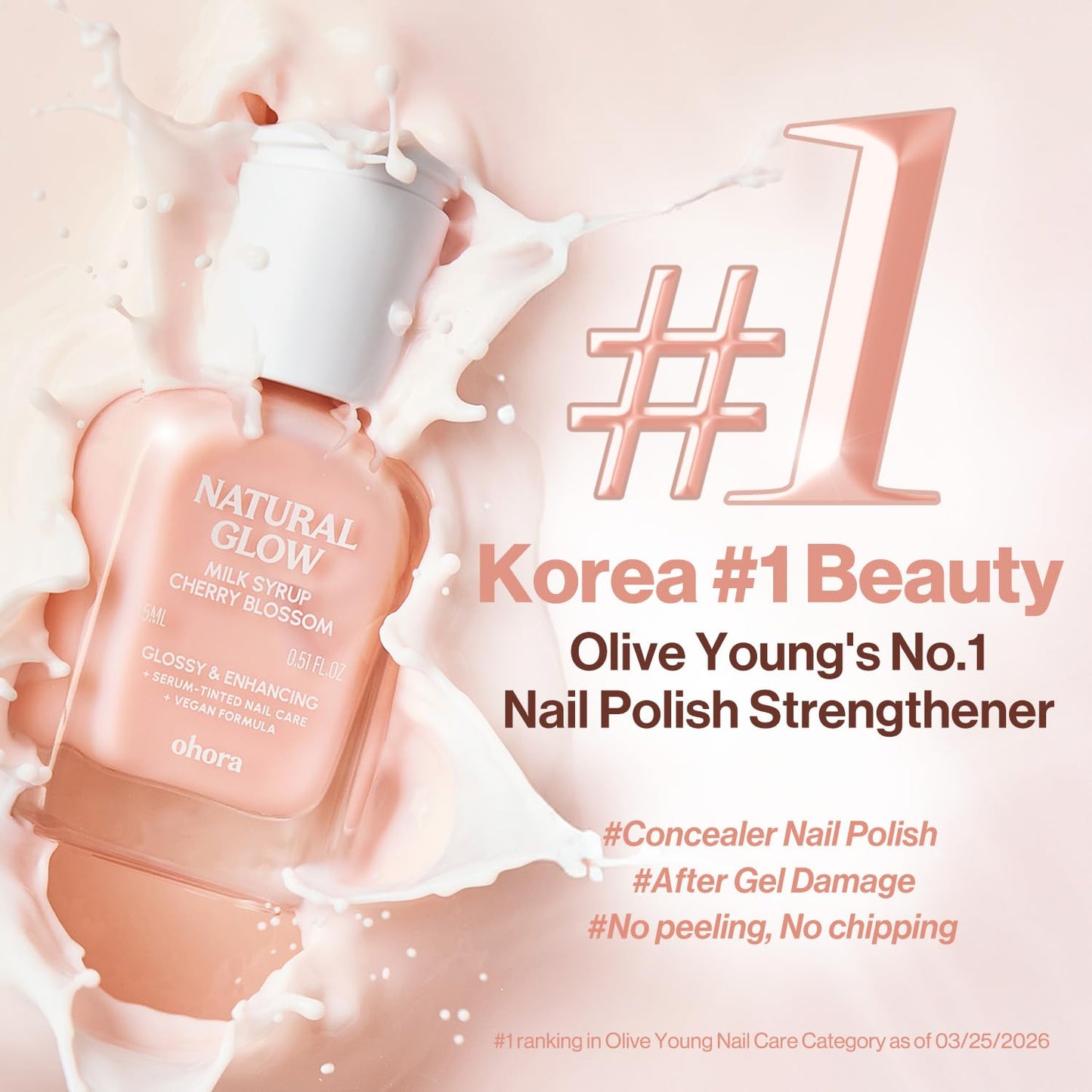 ohora Natural Glow Milk Syrup Nail Strengthener (Rosehip) - Tinted Nail Hardener for Brittle, Damaged Nails, Quick-Dry Glossy Finish, Nail Repair & Growth, 15 mL