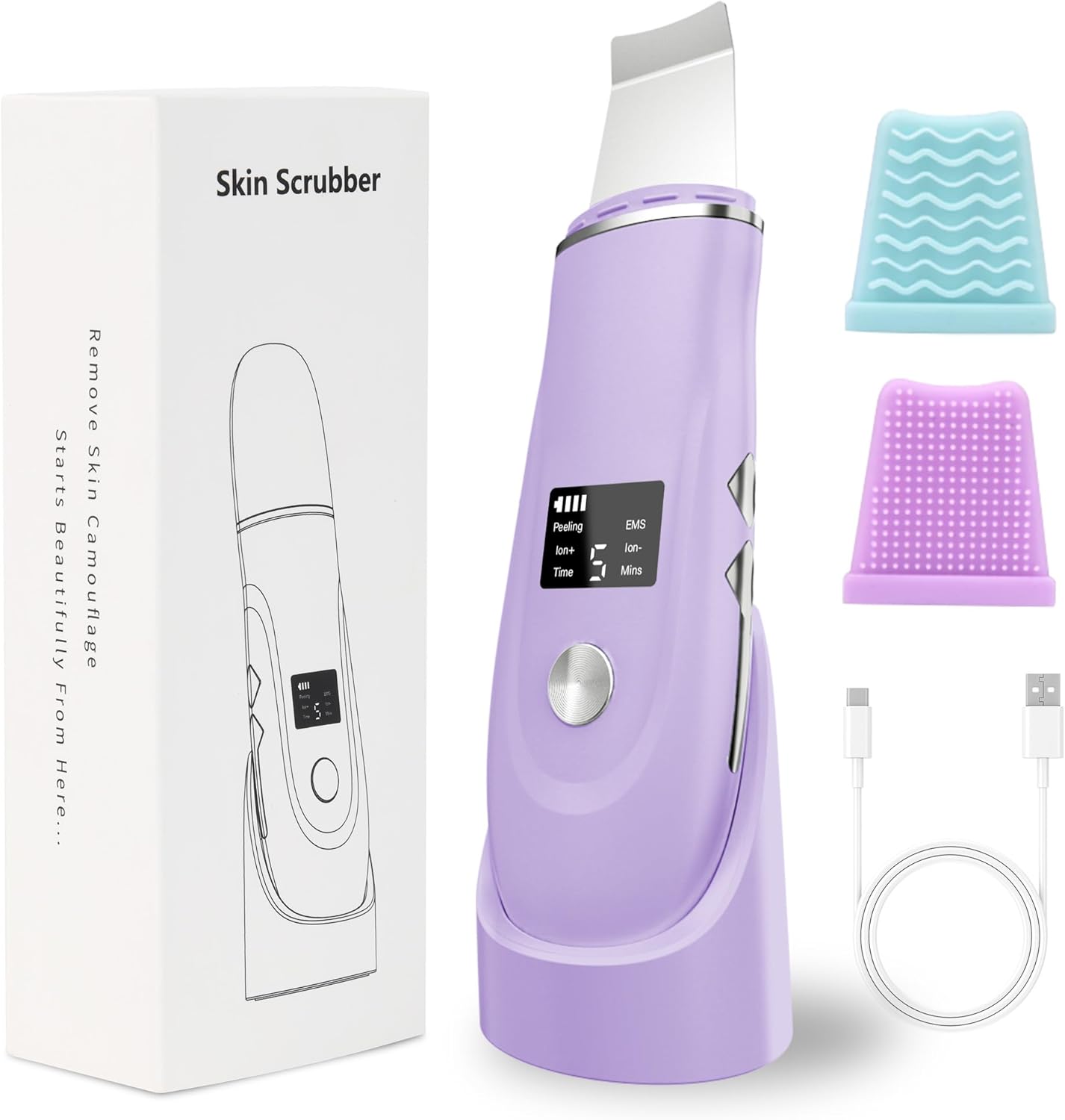 Face Scrubber Skin Spatula - 4-in-1 Blackhead Remover Tool for Deep Cleansing | Fast Charging Dock Included, White