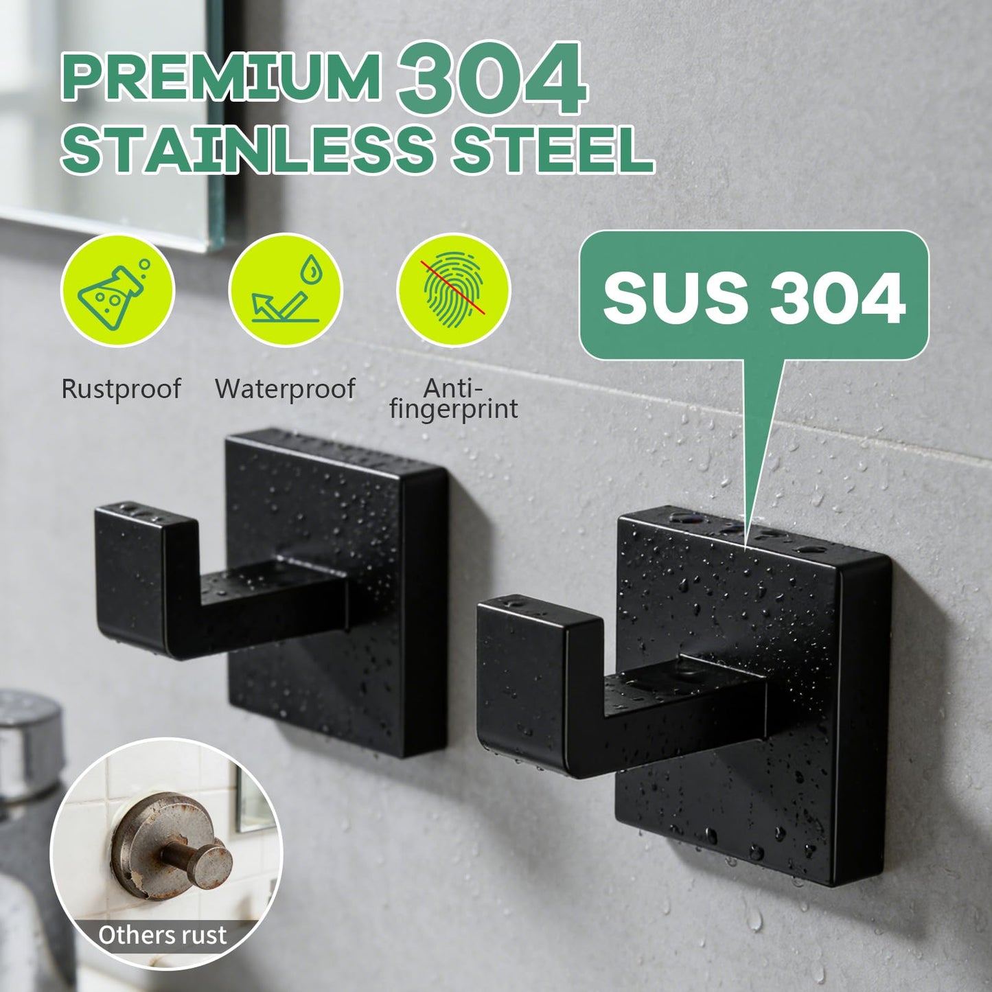 Linhutrunk Black Towel Hooks for Bathrooms, 2 Pack SUS304 Stainless Steel Rustproof Wall Mounted Bathroom Hooks, Heavy Duty Robe Hook Modern Toalleros para Baños Modernos for Towels, Coats & Kitchen