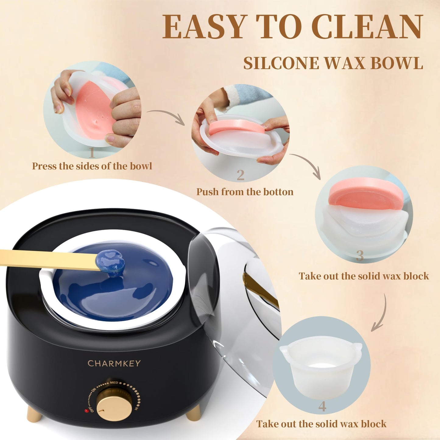 CHARMKEY Waxing Kit for Women, Wax Warmer for Hair Removal with 200g Hard Wax Beads, Wax Melt Machine with 16.91oz Silicone Bowl for Home Salon, Wax Pot for Face, Full Body, Eyebrow, Bikini