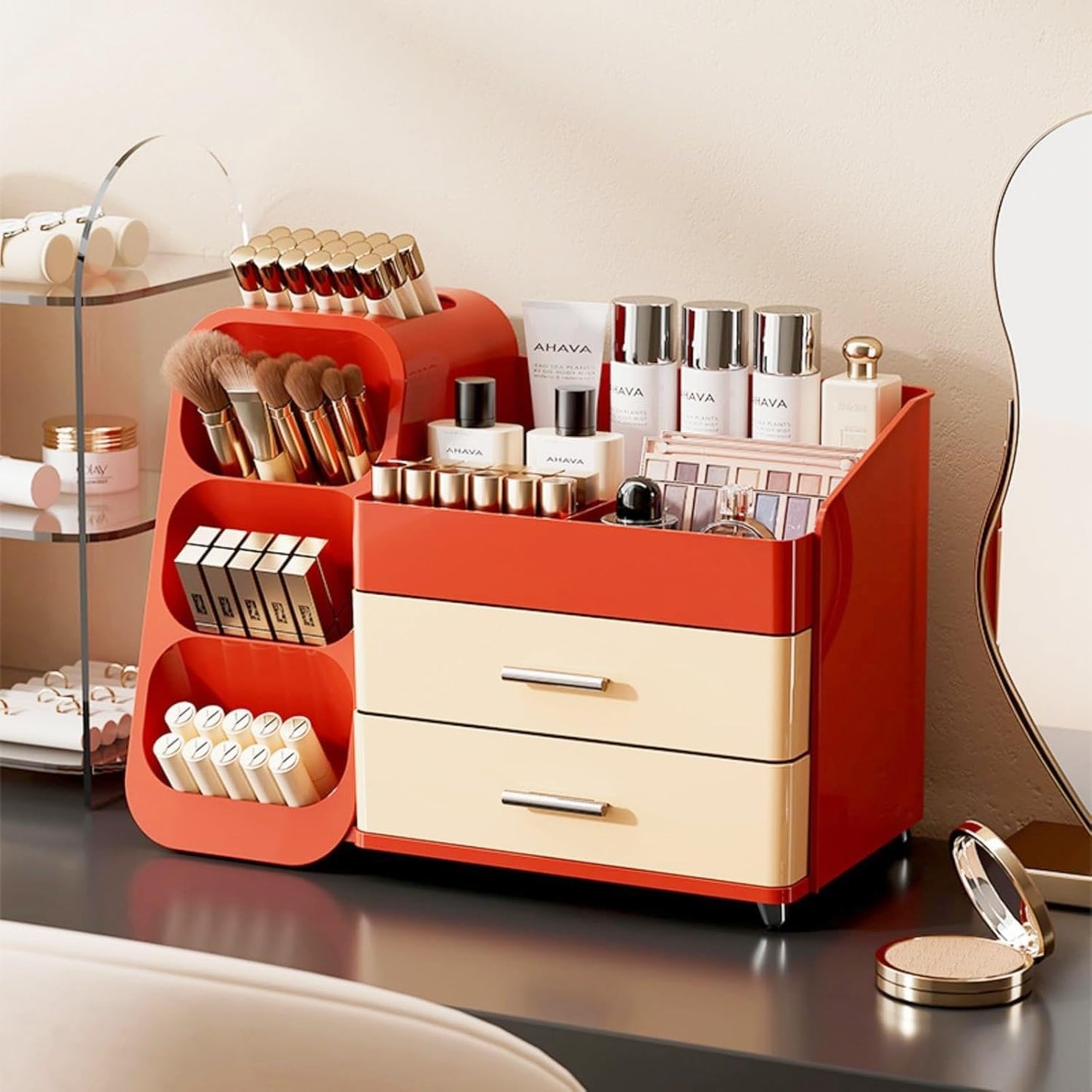 KQJS Makeup Organizer with Drawers,Large Capacity Countertop Organizer for Vanity,Bathroom and Bedroom Desk Cosmetics Organizer,Easy To Storage Skincare,Brushes,Lotions (Red and Cream)