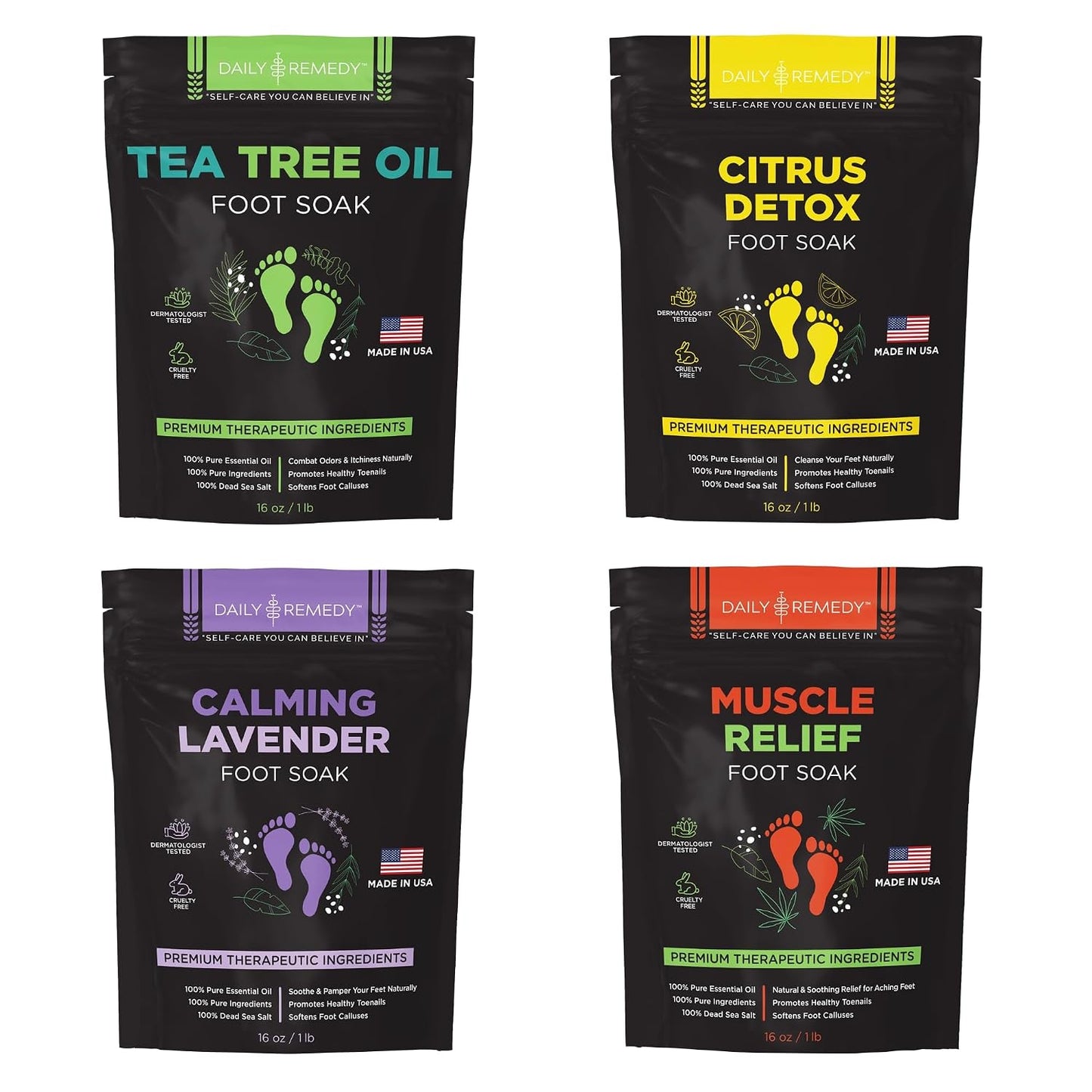 Foot Soak Salts Variety Pack - Tea Tree Oil, Muscle Relief, Calming Lavender & Citrus | Pain Relief for Soreness, Odors, Calluses