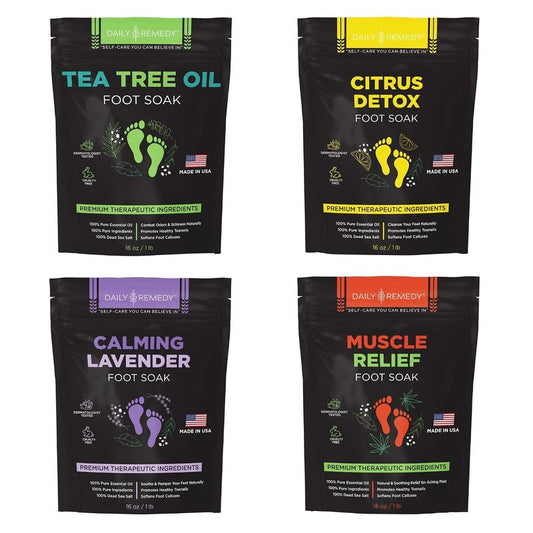 Foot Soak Salts Variety Pack - Tea Tree Oil, Muscle Relief, Calming Lavender & Citrus | Pain Relief for Soreness, Odors, Calluses