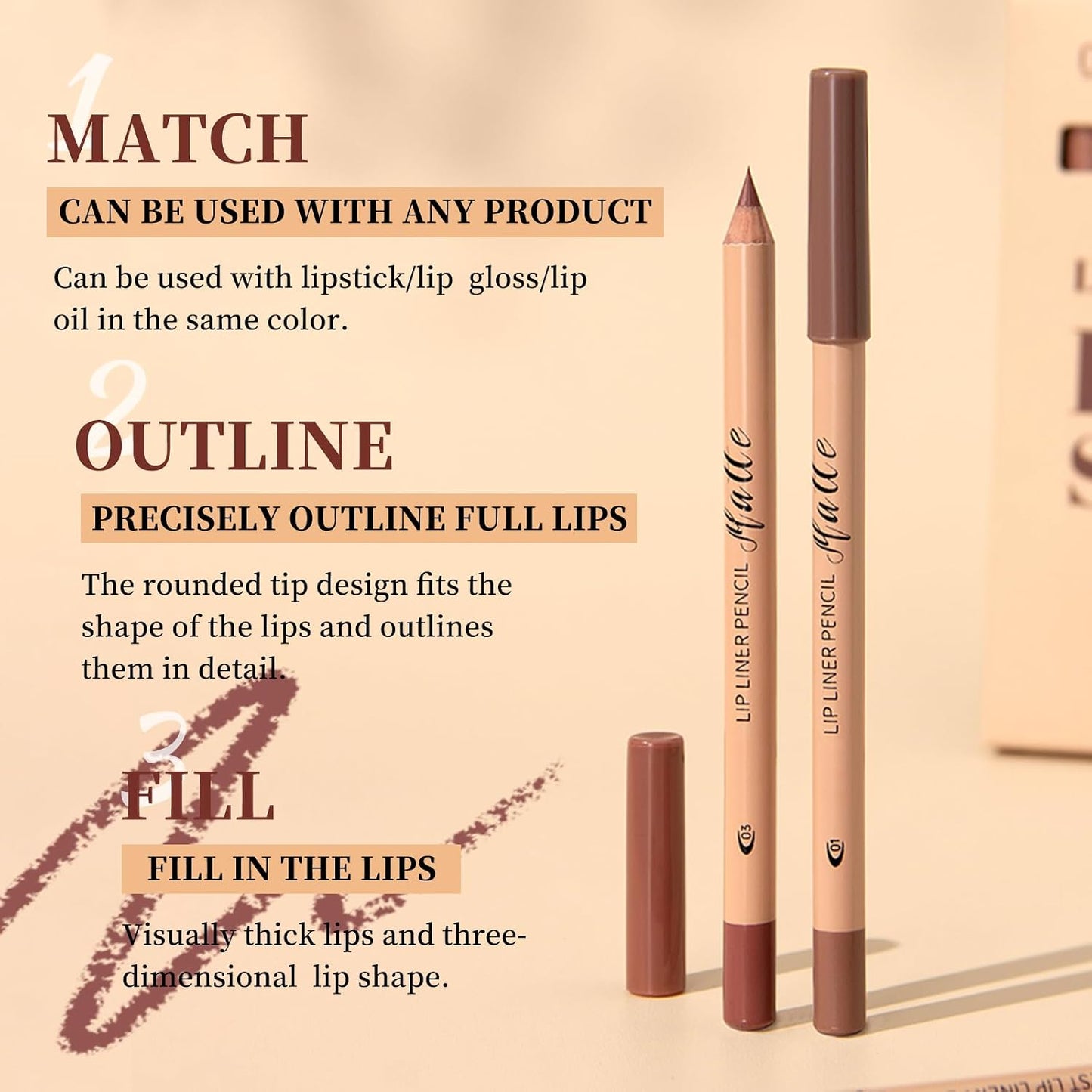Matte Velvet Lip Liner Set - 12 Highly Pigmented Waterproof Pencils | Natural Nude & Brown Shades