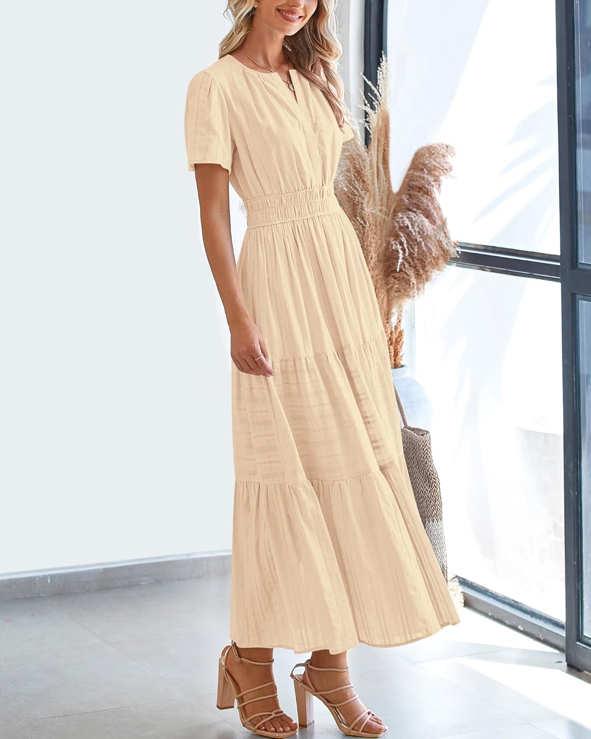 Summer Casual Midi Maxi Dress for Women - Lightweight V Neck, Elastic Waist & Pockets | Boho Beach Style